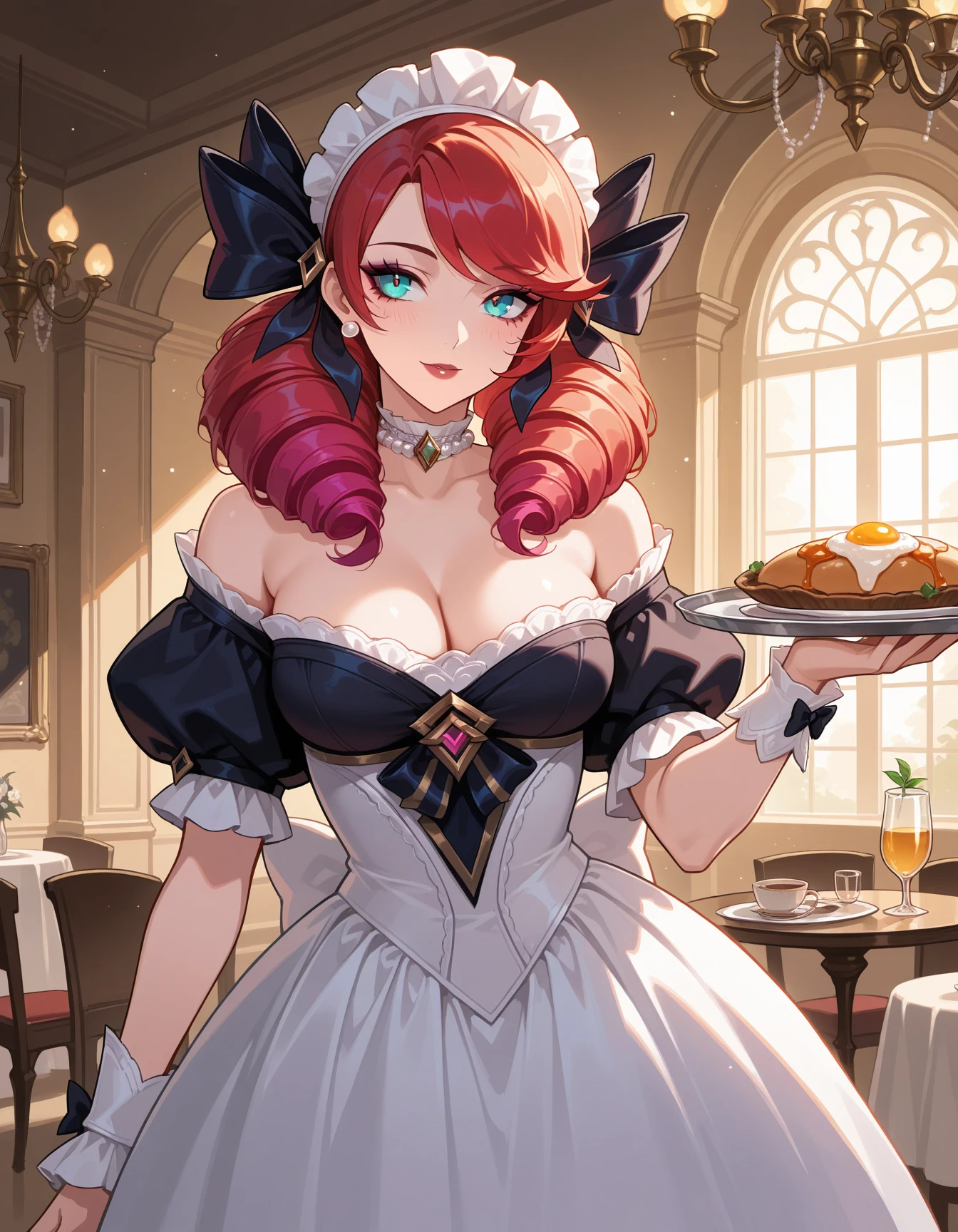 1girl, indoors, mature Gwen \(League of Legends\), ballroom, chandeliers, maid outfit, maid headdress, holding tray, breakfast on tray, (maid apron), black clothing, white lace, frills, sparkling, gem, pearls, curls, puffy sleeves, off-shoulder, baroque, pearl choker, pearl earrings, elegant, complicated, ornate, <lora:MITIMChristine-ILXL2025-01-26_20-17-26-save-294-42-0:0.6> masterpiece, best quality, very aesthetic, newest