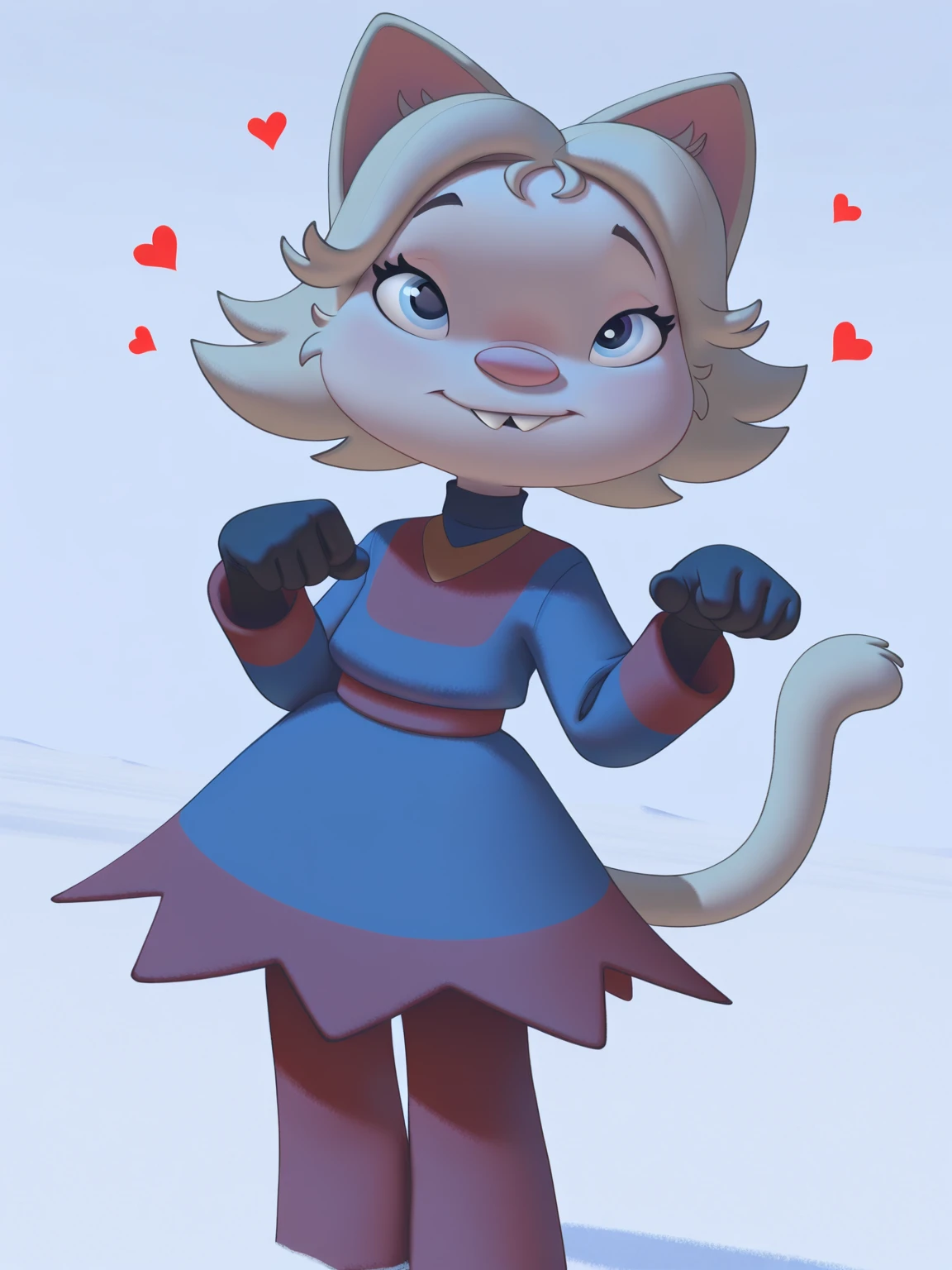 masterpiece, best quality, amazing quality, very aesthetic, absurdres, newest, dynamic_angle, defined facial features, clear picture, snow,
margu, buck teeth, uncensored, <lora:Margu_ILv0a:0.8> perfect hands, <3, hearts, simple background, blue-red dress, hearts, cute pose, head tilt, paw pose, cat ears, cat tail, solo,