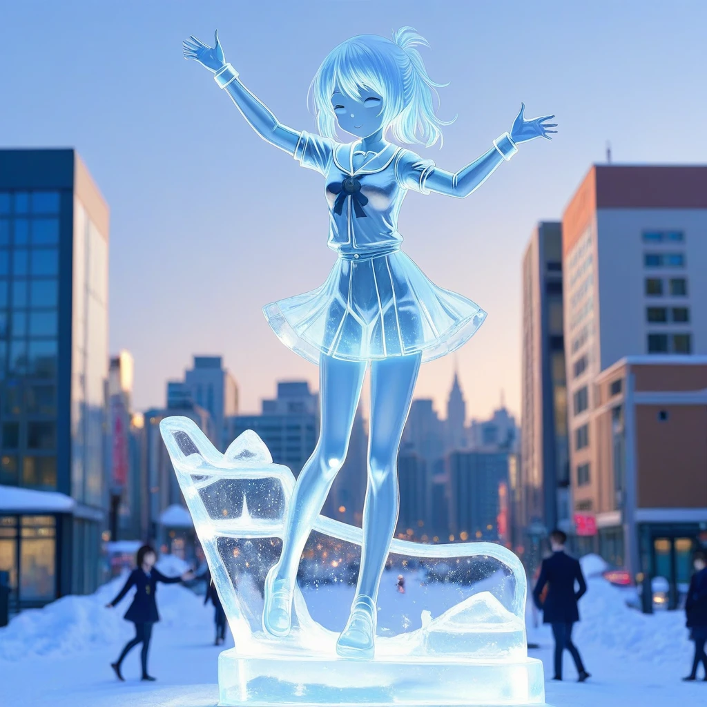 1girl,masterpiece,high quality,best quality,beautiful,ice sculpture,city,center park,dancing,ice school uniform,ice figure