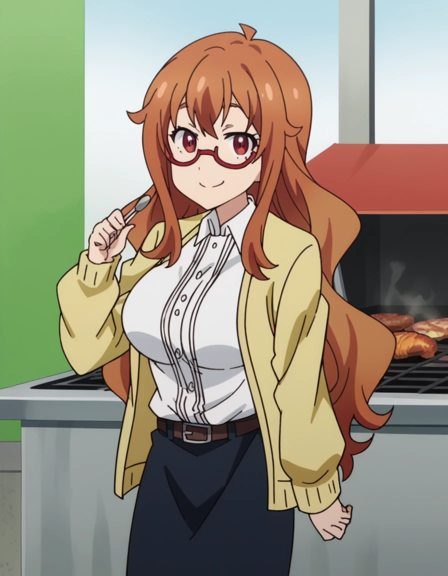score_9, score_8_up, score_7_up, source_anime, <lora:yumeko-tachibana-s1-ponyxl-lora-nochekaiser:1>, yumeko tachibana, long hair, brown hair, red eyes, glasses, semi-rimless eyewear, red-framed eyewear, large breasts, anime screencap,, skirt, shirt, pantyhose, belt, cardigan, black skirt, white shirt,, backyard, barbecue, grilling, laughter, summer evening, smile, smug, looking at viewer, solo,, cowboy shot, solo