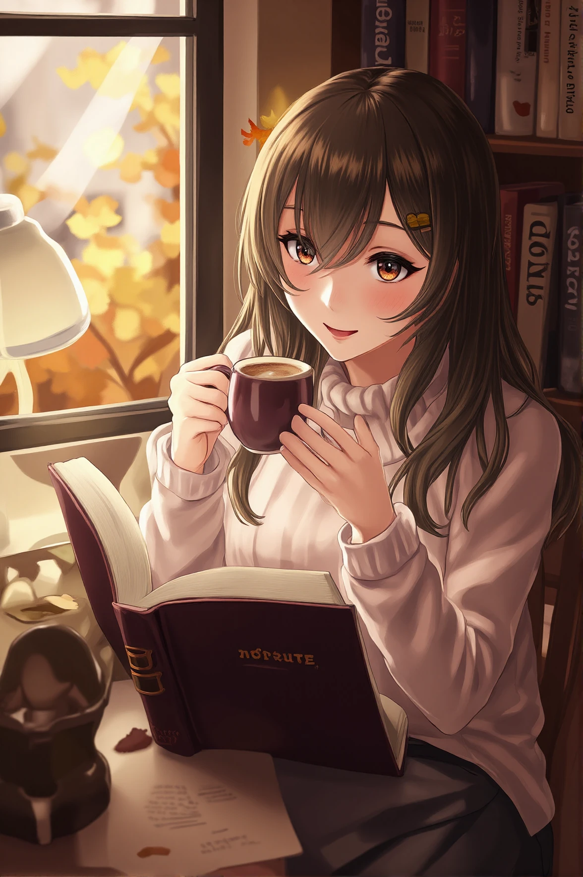 Nestled in a quiet library corner, a waifu in a soft knit sweater flips through the pages of a classic novel, bathed in the warm glow of a nearby reading lamp. Outside, golden leaves twirl in the wind, a perfect natural element adding depth to the scene. She pauses, a gentle smile playing on her lips as she sips her hot cocoa, fully immersed in the world of words.
<lora:anime-waifu-flux:1>