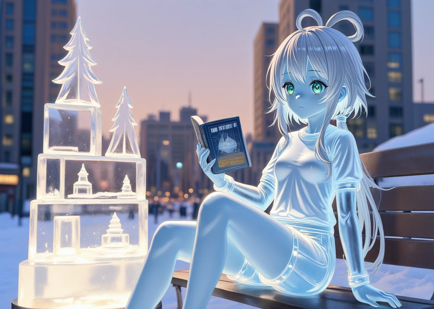 ice sculpture,1girl,masterpiece,best quality,beautiful,city,center park,ice shirt,ice shorts,ice figure,luo tianyi,ice skin,holding a book,sitting on bench