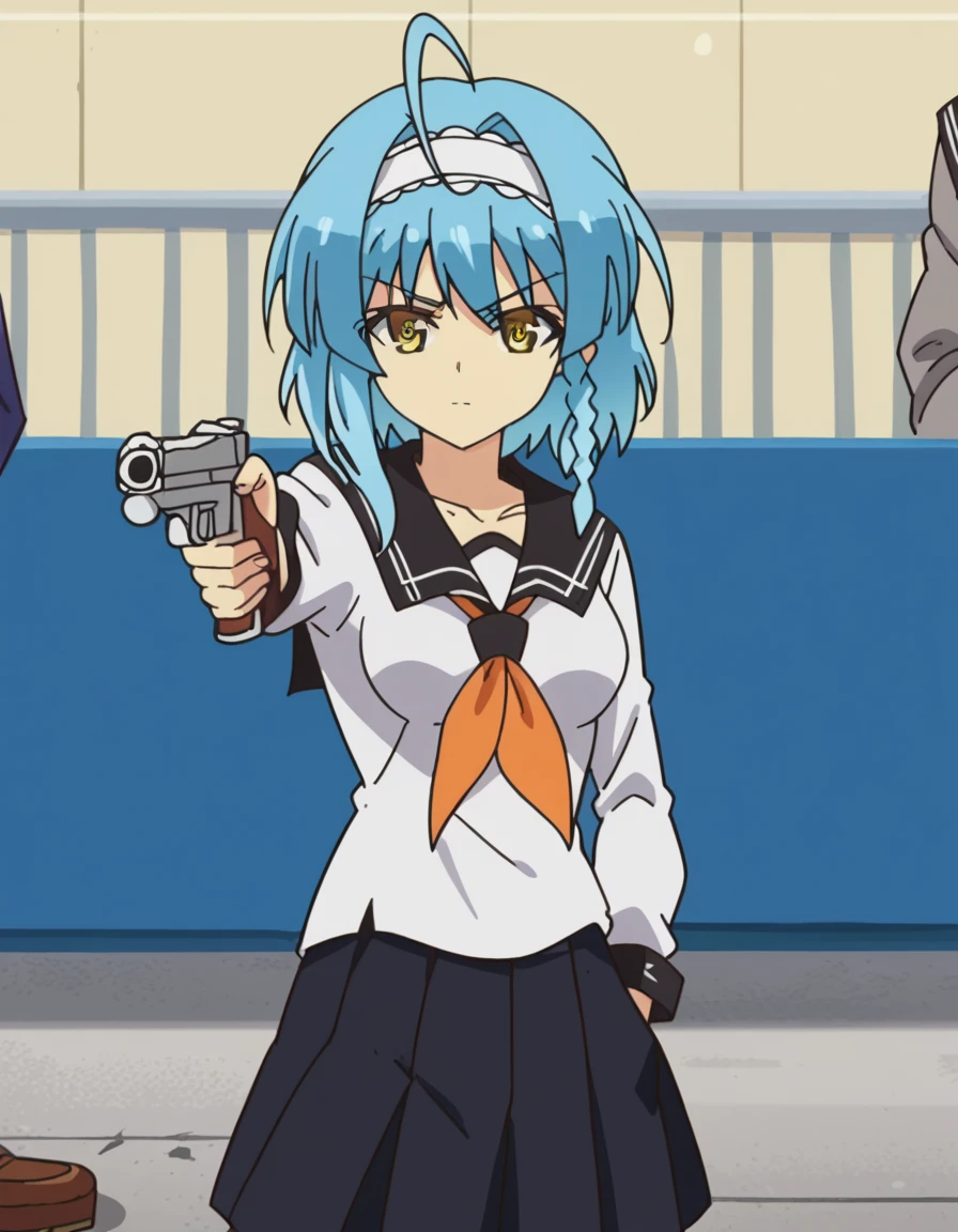 score_9, score_8_up, score_7_up, source_anime, <lora:yuki-nonaka-s2-ponyxl-lora-nochekaiser:1>, yuki nonaka, long hair, short hair, blue hair, yellow eyes, braid, ahoge, hairband, side braid, medium breasts, anime screencap,, skirt, school uniform, serafuku, black sailor collar, neckerchief, orange neckerchief, black skirt, pleated skirt, long sleeves, collarbone,, garage, car, tools, mechanic, repair, , <lora:yusuf-dikec-ponyxl-lora-nochekaiser:1> yusuf dikec, yusuf dikec (meme), meme, hand in pocket, handgun, holding gun, gun, shirt, t-shirt, pants, audience, cowboy shot,, looking at viewer, solo,, cowboy shot, solo