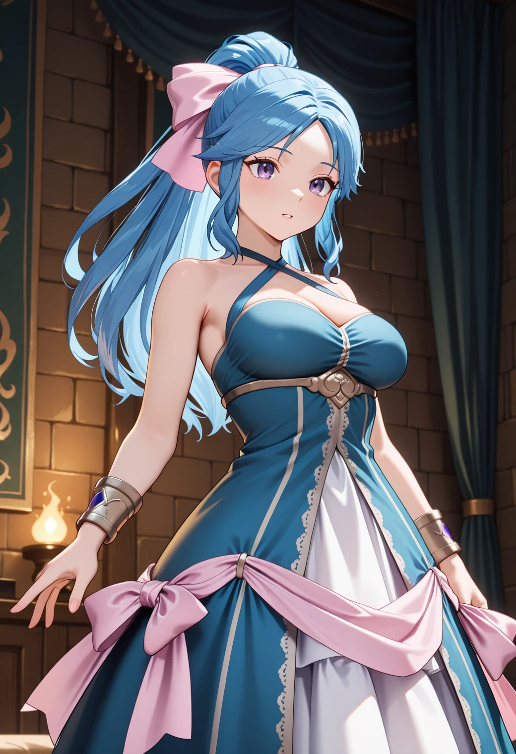 MidzuiVTXL, yellow eyes, purple hair, long hair, hair ornament, purple crystals on the head, (forehead ornament:1.2), blue dress, navel, bare shoulders, arm ornament, long skirt, belt, belt ornament, sky blue thighhighs, standing, looking at viewer, indoors