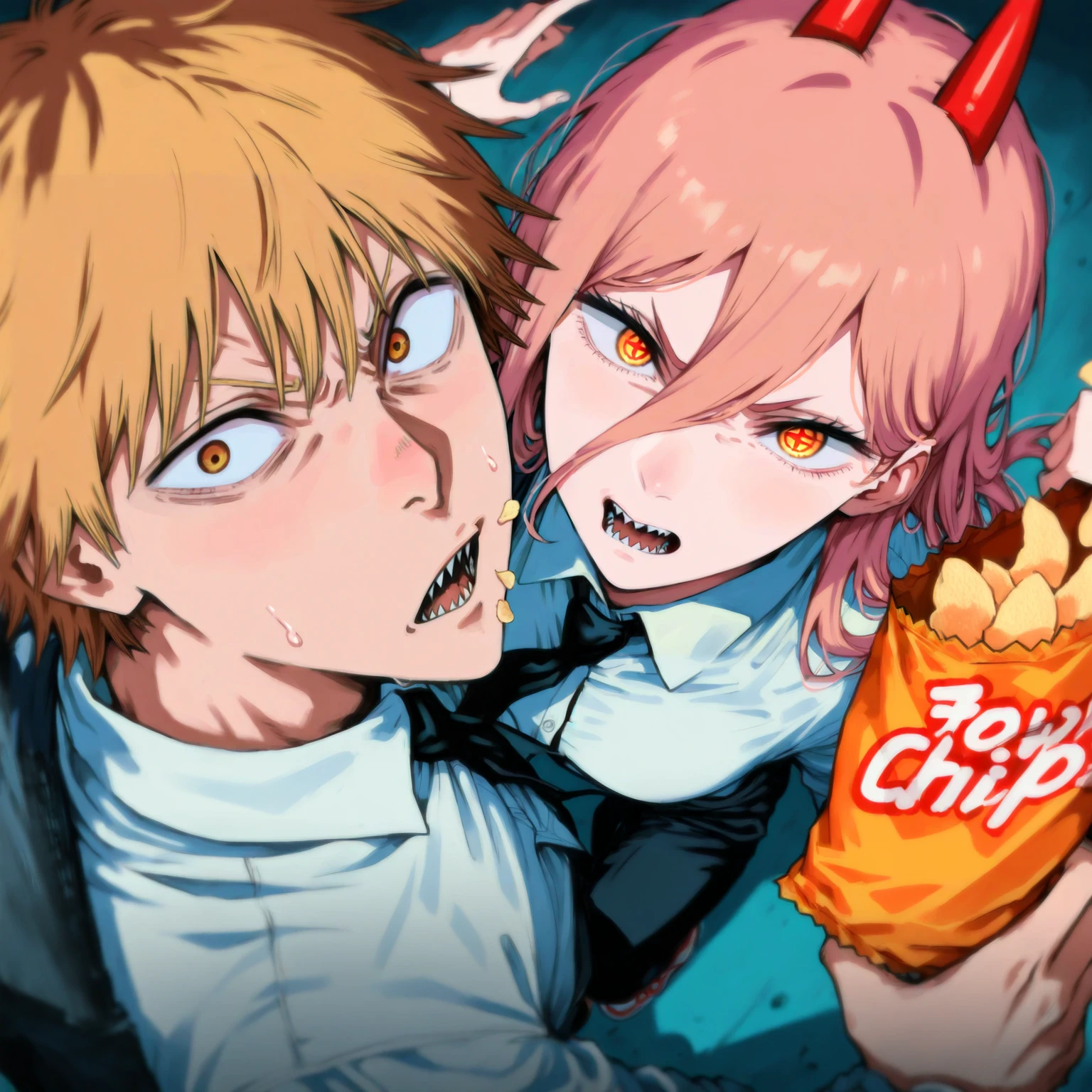 masterpiece, best quality, absurdres, creative angle, from above, facing viewer,1boy, frown, denji \(chainsaw man\), yellow eyes, blonde hair, 1girl, power \(chainsaw man\), pink hair, necktie, mouth open, angry, glare, looking at another, fighting, (holding chips \(food\):1.2), theft, <lora:Creative-Angle_v2_NAIXL:1>
