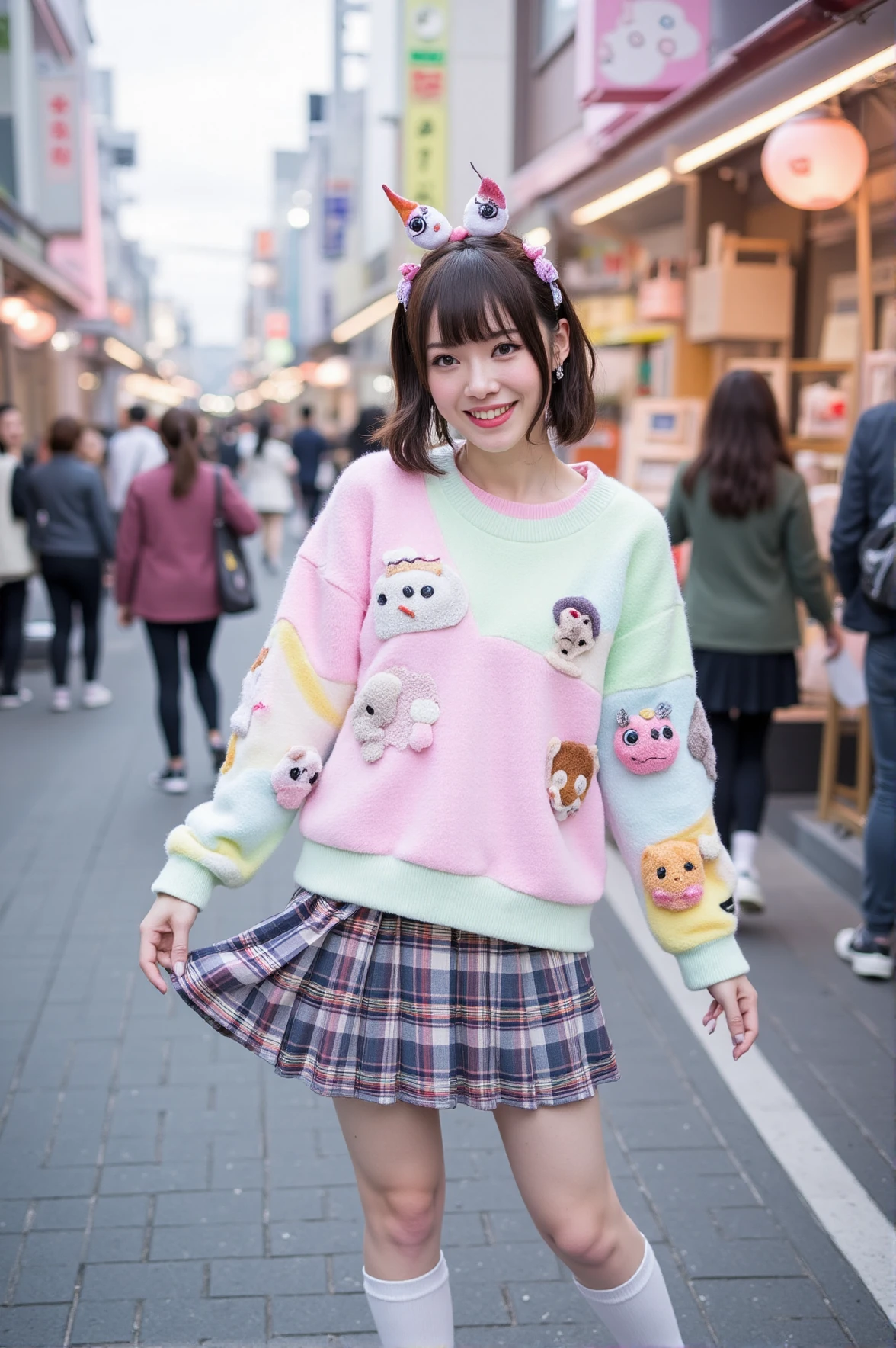 In the heart of Harajuku's Takeshita Street, a waifu showcases a playful outfit featuring a pastel-colored oversized sweater adorned with cute patches, paired with a pleated plaid skirt and knee-high socks. Her look is completed with platform shoes and a whimsical hair accessory. The colorful shops and eclectic crowd in the background complement her vibrant attire. The photograph employs a wide-angle lens to capture the lively atmosphere, with a slight vignette effect to draw attention to her cheerful demeanor.
<lora:anime-waifu-flux:1>