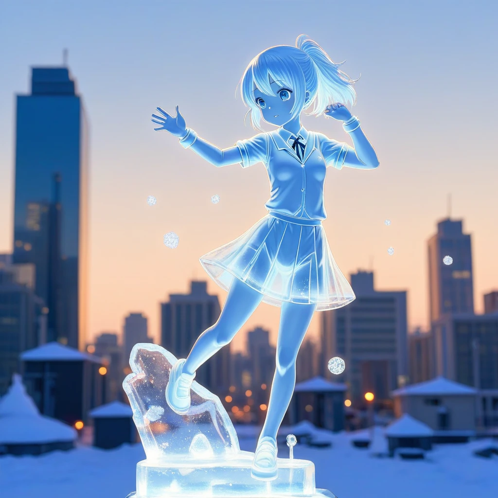 1girl,masterpiece,high quality,best quality,beautiful,ice sculpture,city,center park,dancing,ice school uniform,ice figure