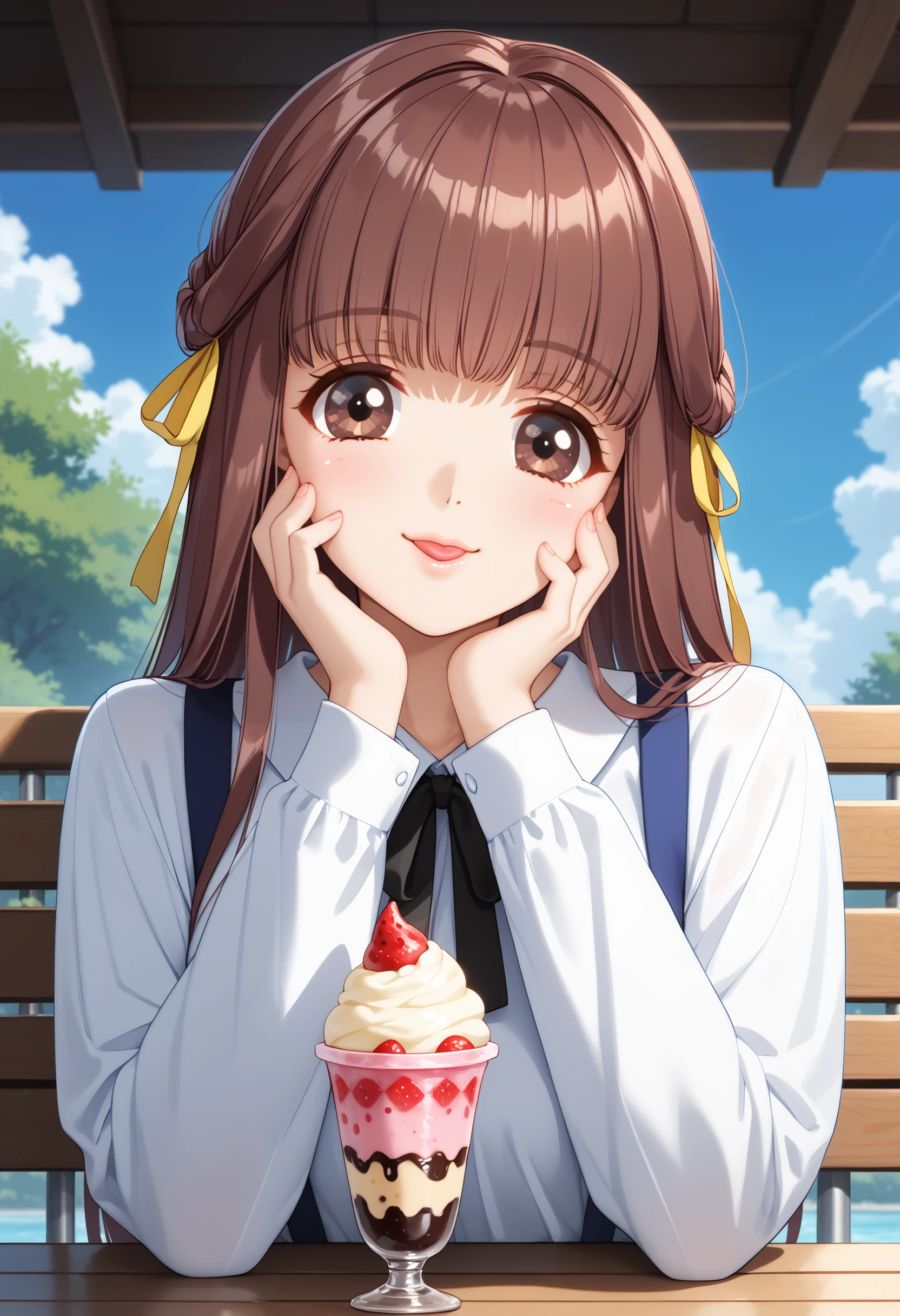 score_9, score_8_up, score_7_up, BREAK <lora:Maika:1>, maika, yellow hair ribbon, 1girl, ice cream cone, brown hair, tongue out, long hair, straight hair, sidelocks, outdoors, day, looking at viewer, holding food, white shirt, brown eyes, blue sky, black neck ribbon, :p, upper body, cloud, head rest, long sleeves, hand on own face, hand on own cheek, smile, blush, wing collar, blue suspenders