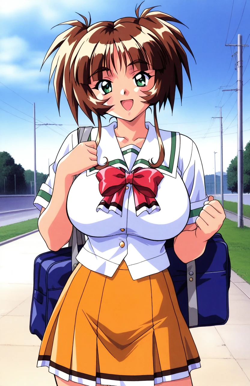 general,highres, ultra-detailed,very aesthetic,best quality ,best hands, BREAK <lora:Ichimonji_Akane_Tokimeki_Memorial2_IS:1>Ichimonji_Akane(Tokimeki_Memorial2),1girl, solo, brown hair, green eyes, short hair,
huge breasts, bangs, shiny hair, sidelocks, 1990s (style),
school uniform, skirt, bag, open mouth, smile, short sleeves, bow, school bag, shirt, white shirt, serafuku,
red bow, pleated skirt, orange skirt, twintails, yellow skirt,
blue sky, day, asphalt,