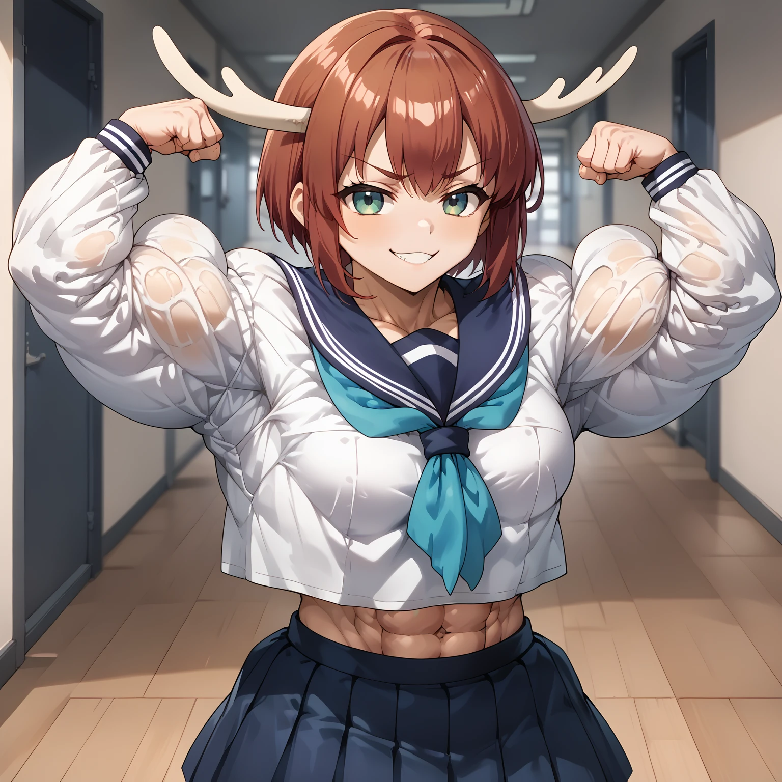 1girl,
school, hallway, wooden floor, wooden wall,
flexing, smug grin,
<lora:Rock_Hard_Muscles_Pony:0.8> rock-hard, big muscles, muscular female, detailed abs, super abs
<lora:Shikanoko_Noko_pony_v1:0.9> ct_shikan0k0, || blue skirt, blue sailor collar, blue neckerchief, serafuku, pleated skirt, long sleeves,, score_9, score_8_up, score_7_up, source_anime,