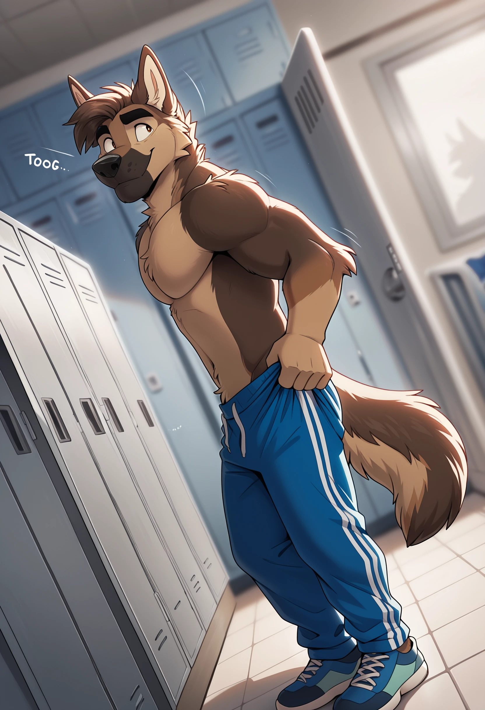 wolf boy, furry, one wolf, gym, training, topless, grey fur, young style, young style, plump, sweaty, grinning face, posing in front of a mirror, showing off, erection, penis visible