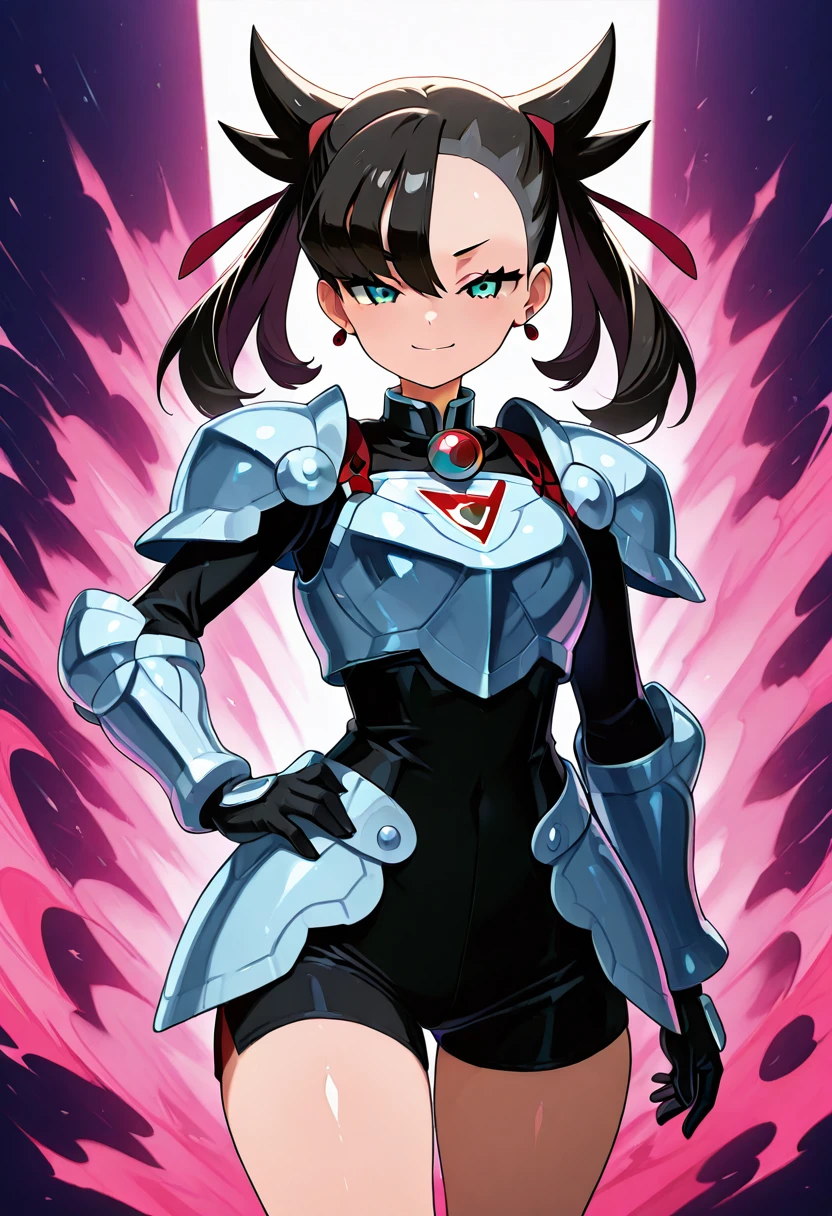 masterpiece, best quality, solo, curvy, beautiful eyes, zzMarnightCitron, aqua eyes, black hair, asymmetrical bangs, twintails, hair ribbon, ribbon, jewelry, earrings, medium hair, armor, shoulder armor, breastplate, gloves, black gloves, , <lora:MarnightCitronOC_IXL_v1:1.0>, cowboy shot, hand on hip, smug, smile, looking at viewer, shiny skin,<lora:HaradaTakehitoIXL_v3:0.5>, <lora:ZankuroIXLLight_v2:0.5>,