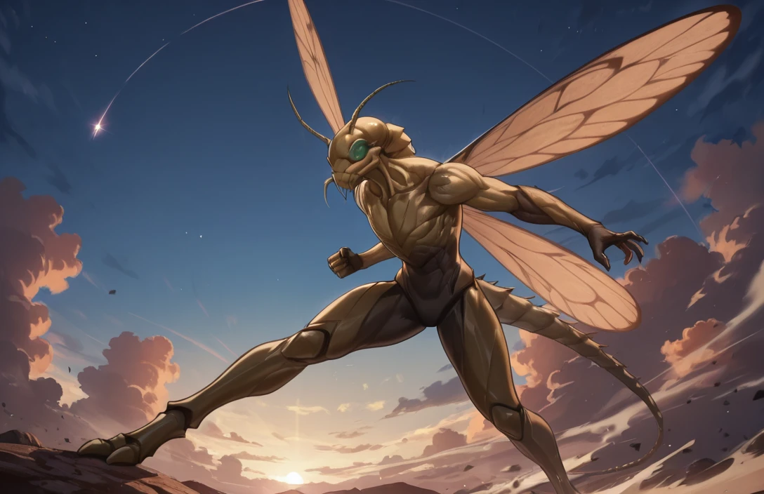 masterpiece, best quality, newest, absurdres, highres, furry, perfect anatomy,
8K, In'ei, photographic realism, 8K CGI render, absurd details,
<lora:Locust_(Illustrious)_(AD):1> locust, exoskeleton, anthro,
exterior, alien planet, soft detailed fluffy anime clouds, anime blue sky, masterclass background,
flying knee kick, insect abdomen, male focus, solo, wide thick upper body, thick arms, thick legs, large shoulders,
EZRealPONYXL, zPDXL, zPDXLxxx,