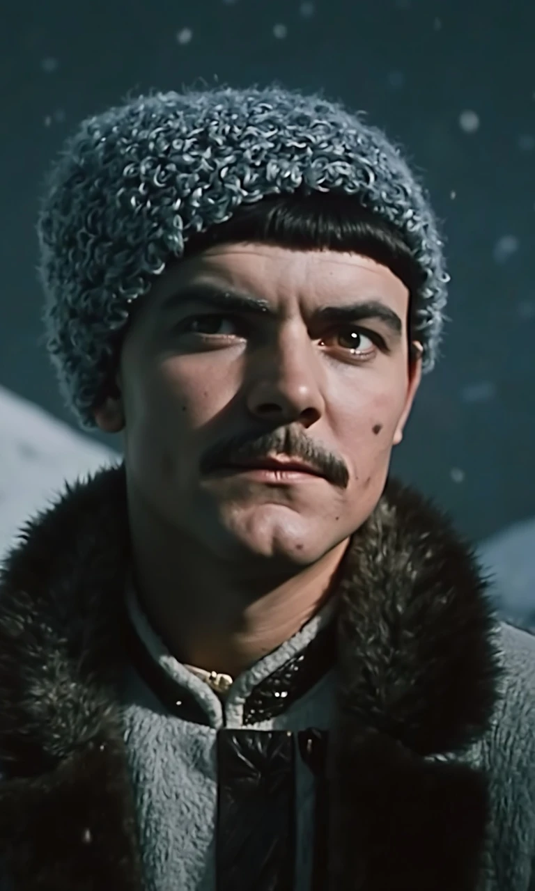 A front view photo of VakulaSmith, wearing papakha hat, winter night sky background, looks cool, half-body shot, looks at viewer, dim lighting