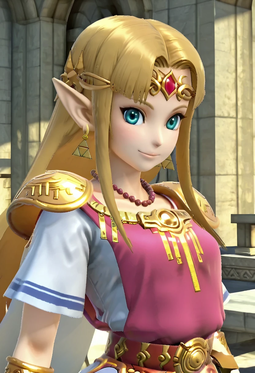 masterpiece, best quality, solo, curvy, beautiful eyes, 3d, zzZelda, blonde hair, jewelry, dress, pink tabard, triforce, circlet, armor, earrings, necklace, shoulder armor, tiara, ,<lora:ZeldaUltimate_InGame_IXL:1.0>,upper body, side view, smile, looking at viewer, shiny skin,<lora:HaradaTakehitoIXL_v3:0.3>, <lora:ZankuroIXLLight_v2:0.3>,