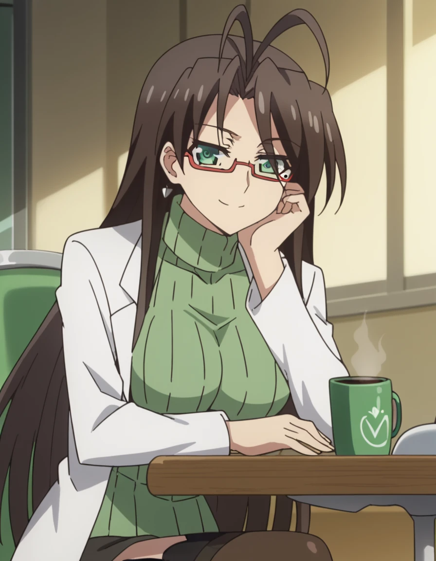 score_9, score_8_up, score_7_up, source_anime, <lora:chisato-hasegawa-s2-ponyxl-lora-nochekaiser:1>, chisato hasegawa, long hair, large breasts, brown hair, green eyes, glasses, mole, antenna hair, semi-rimless eyewear, red-framed eyewear, under-rim eyewear, mole under eye, anime screencap,, skirt, thighhighs, black thighhighs, miniskirt, sweater, turtleneck, garter straps, ribbed sweater, labcoat, staff room, table, chairs, coffee machine, relaxation, smile, head rest, smug, looking at viewer, solo,, cowboy shot, solo