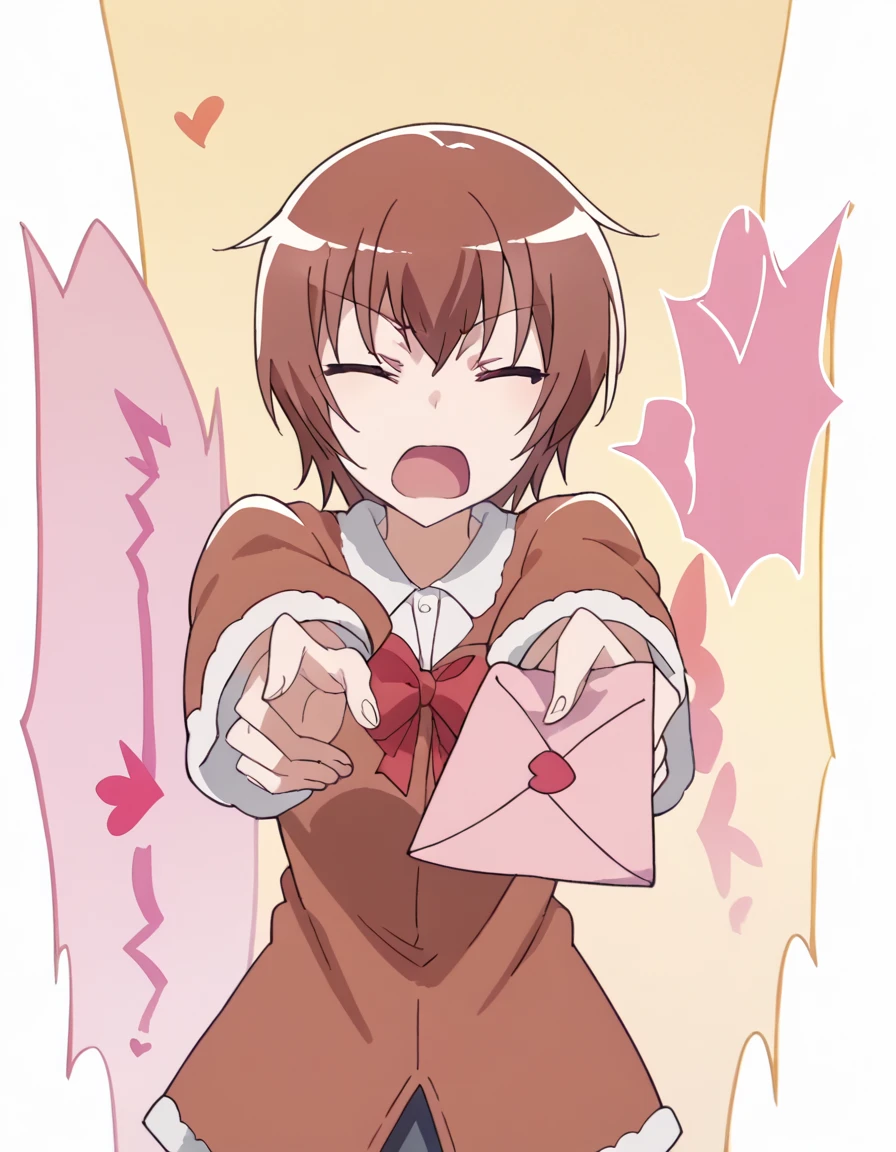 score_9, score_8_up, score_7_up, source_anime, <lora:nadeshiko-kashima-s1-ponyxl-lora-nochekaiser:1>, nadeshiko kashima, short hair, brown hair, brown eyes, medium breasts, anime screencap,, <lora:love-letter-ponyxl-lora-nochekaiser:1>, love letter, heart, valentine, letter, confession, incoming gift, outstretched arms, closed eyes, shouting,, , cowboy shot, solo