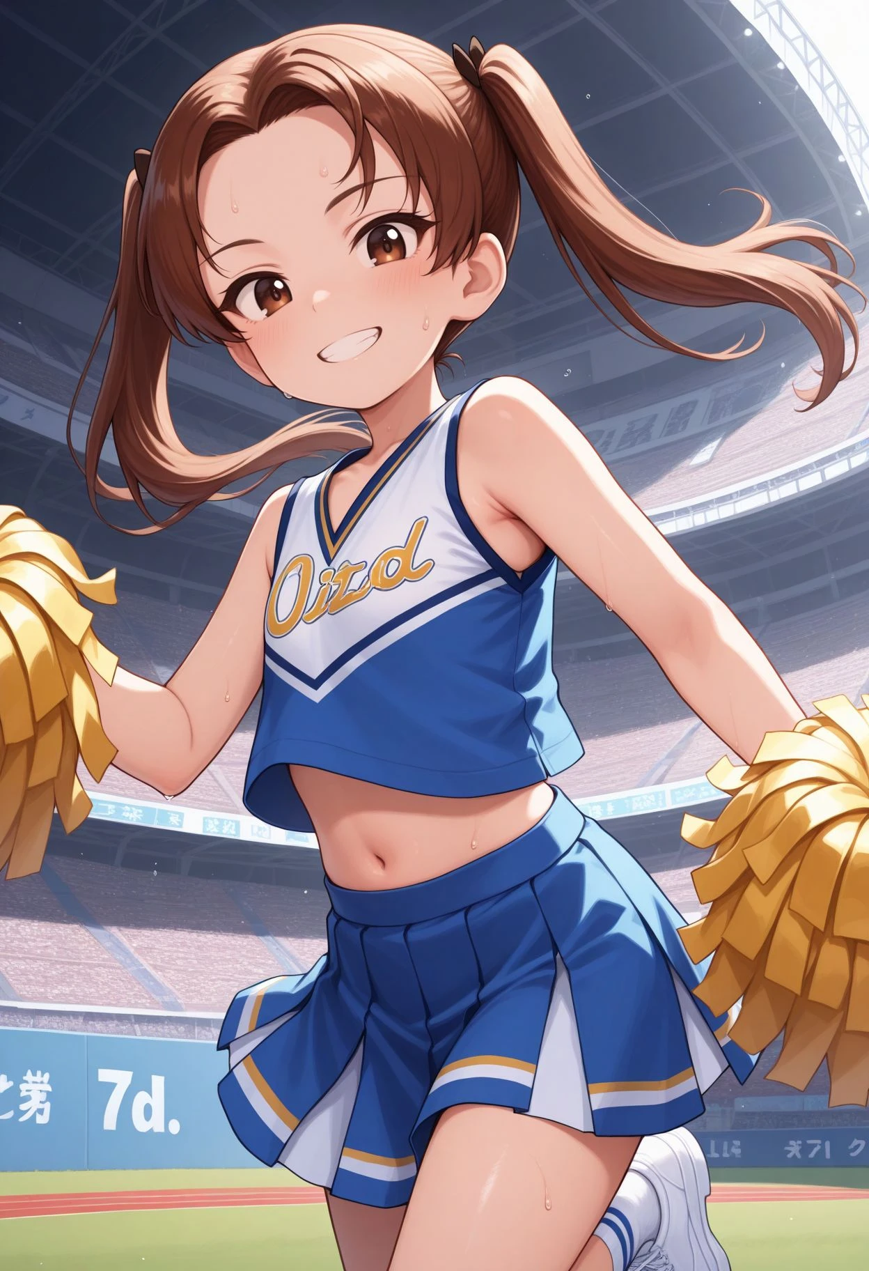 masterpiece,amazing quality,best quality,ultra-detailed,8K,illustration, amazing quality, newest, absurdres, \(texture\), vivid colors, , ,perfect body, perfect face, rim lighting, looking at viewer, grin,
<lora:Anzu gup illu:1> 1girl, anzudef, brown hair, brown eyes, twintails, long hair, parted bangs, cheerleader, pom pom, stadium, midriff, standing , sneakers, cowboy shot, sweat, smile