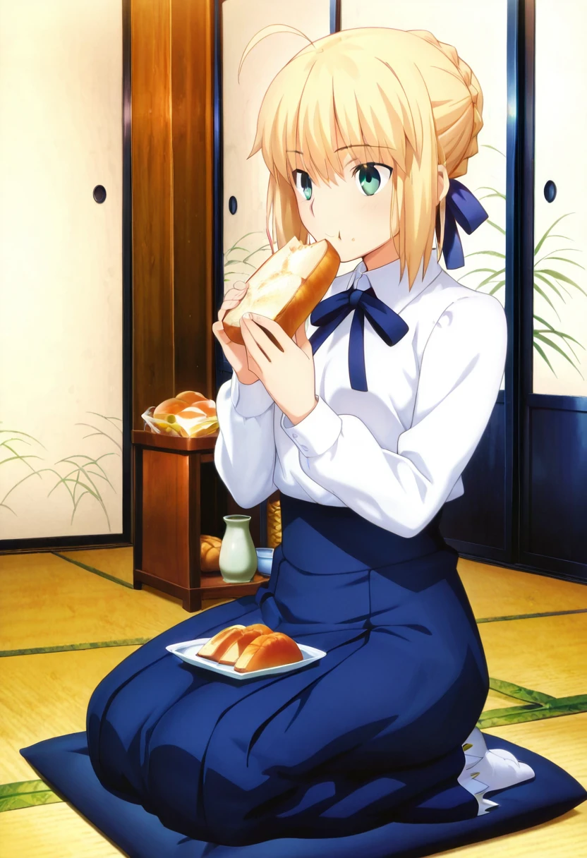masterpiece, best quality, absurdres, detailed skin, detailed face, detailed eyes, anime colored, anime screencap, anime colored,
<lora:Artoria_Pendragon:0.8>, artoria pendragon, 1 girl, green eyes, hair ribbon, white shirt, neck ribbon, blue skirt, to the side, seiza, eating, bread slice,
indoors, tatami,
