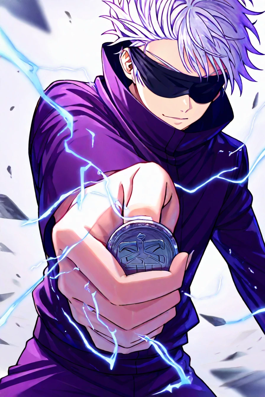 gojou satoru, white hair, purple pants, high collar, blindfold, covered eyes, black blindfold, purple jacket, purple pants, 1boy, solo, alone, <lora:railgun_technique_illustriousXL-000015:1>, coin, holding coin, facing viewer, looking at the viewer, electricity, electrokinesis, masterpiece, highres, white background, simple background