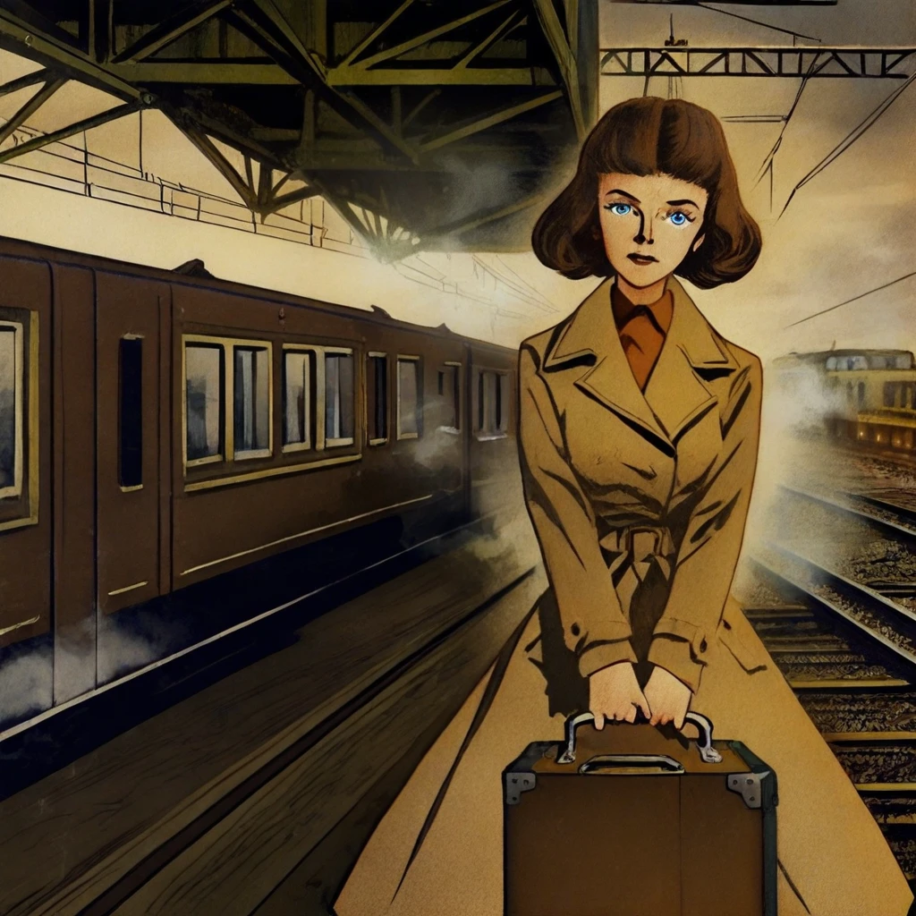 1girl, solo, 1940s woman, wavy brown hair, vintage bob hairstyle, blue eyes, trench coat, holding a suitcase, tearful expression, romantic, BREAK, medium shot, standing at a train station, steam train in background, dynamic angle, looking at viewer, emotional farewell, BREAK, outdoors, 1940s train station, vintage signage, steam train, blurred passengers, moody lighting, overcast sky, BREAK, (safe_pos, fine texture, masterpiece, ultra-detailed, very aesthetic, absurdres, volumetric lighting, scenery), rating_safe, source_cartoon, source_comics, official style, original art style, vintage comic, sepia tones, ink crosshatching,