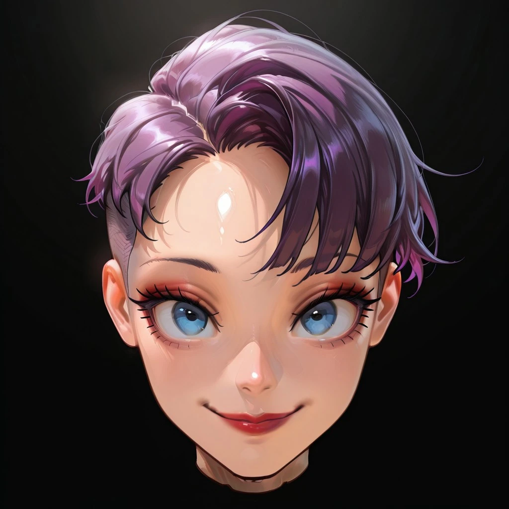 score_9, score_8_up, score_7_up, (solo), (1girl), purple hair, short undercut hair style, blue eyes, expressive eyes, red lips,
(Disembodied head), (subtle smile), looking at viewer,
(only head in frame), (head focus),
(black background),
(masterpiece), (amazing artwork),