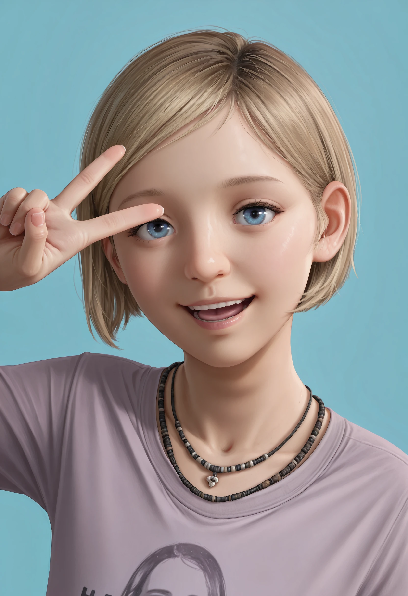 masterpiece, best quality, amazing quality, very aesthetic, absurdres, newest, <lora:SarahMillerILf:0.75> sarahilf, 1girl, short hair, blonde hair, blue eyes, necklace, upper body, looking at viewer, :D, v sign,
light blue background, simple background,