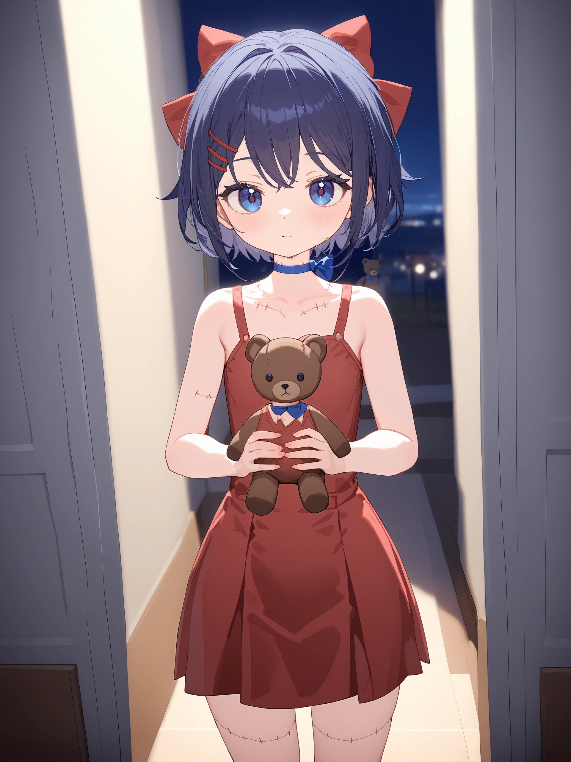 illustration, incredibly absurdres, ultra detailed, masterpiece, best quality, perfect features, intricate details, ray tracing, very aesthetic,  <lora:Char-Miside-Mita-V1-SDXL:1:hr=0.6>,  1girl,  mita \(miside\), solo, stitches, hair bow, short hair, amputee, blue choker, red sleeveless dress, age down, expressionless, looking at viewer, facing viewer, standing, holding doll, teddy bear, cowboy shot, hallway, night, indoors, depth of field