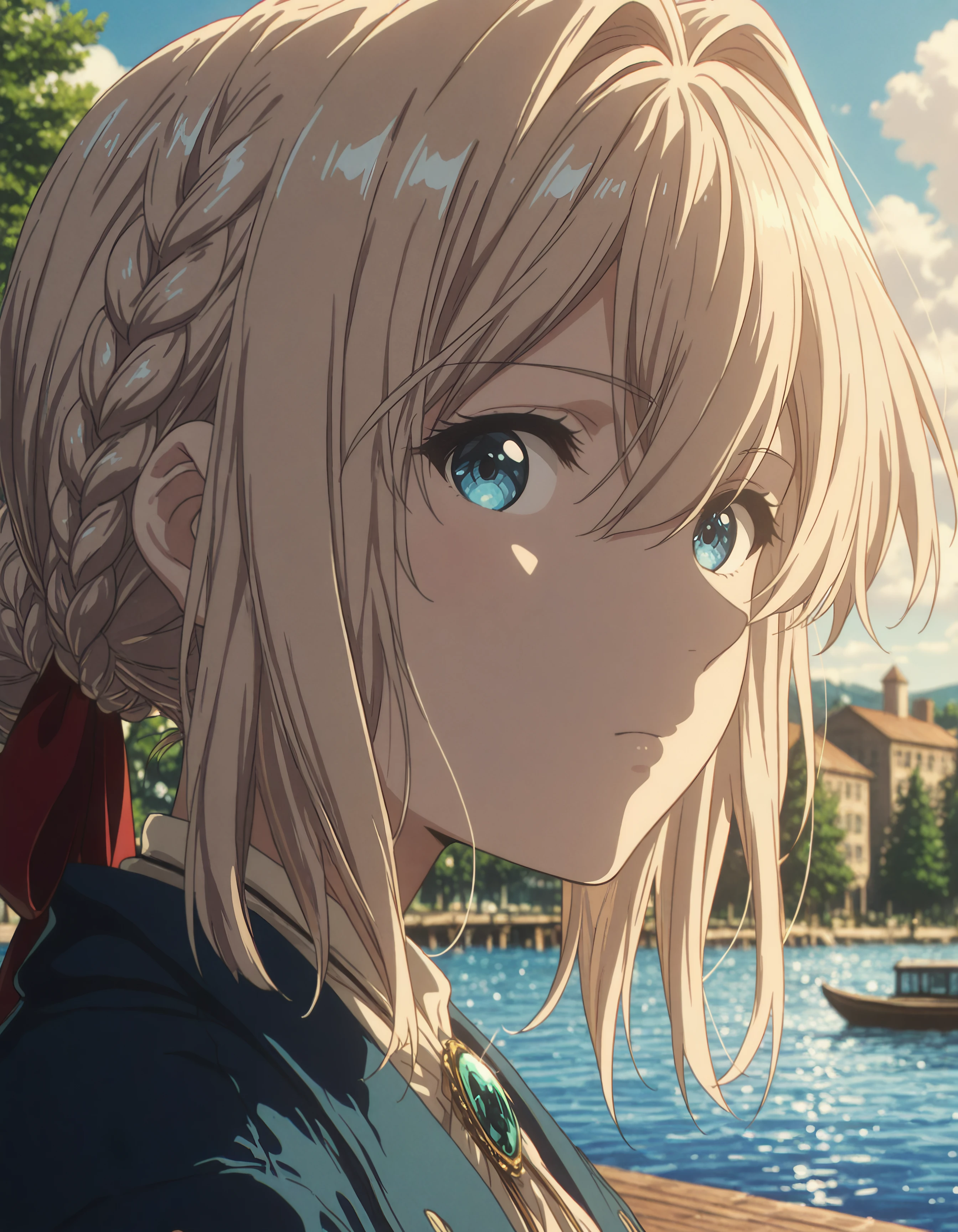 blonde hair, voilett, big blue eyes, silver prosthetic arms, blue eyes, 1girl, solo, looking_at_viewer, short_hair, blue_eyes, blonde_hair, ribbon, hair_between_eyes, closed_mouth, jewelry, jacket, braid, hair_ribbon, outdoors, sky, day, medium_hair, cloud, necklace, hair_bun, water, blurry, from_side, blue_sky, red_ribbon, tree, looking_to_the_side, blurry_background, hair_intakes, blue_jacket, portrait, gem, brooch, building, french_braid, watercraft, braided_bun, blue_gemstone, boat, lake, green_gemstone, anime_coloring, bolo_tie, pier,
hdr, low contrast, masterpiece, best quality, absurdres, highres, perfect anatomy, anime style, anime screenshot, 8k wallpaper, ultra high quality, extremely detailed cg, perfect lighting, (sharp image)