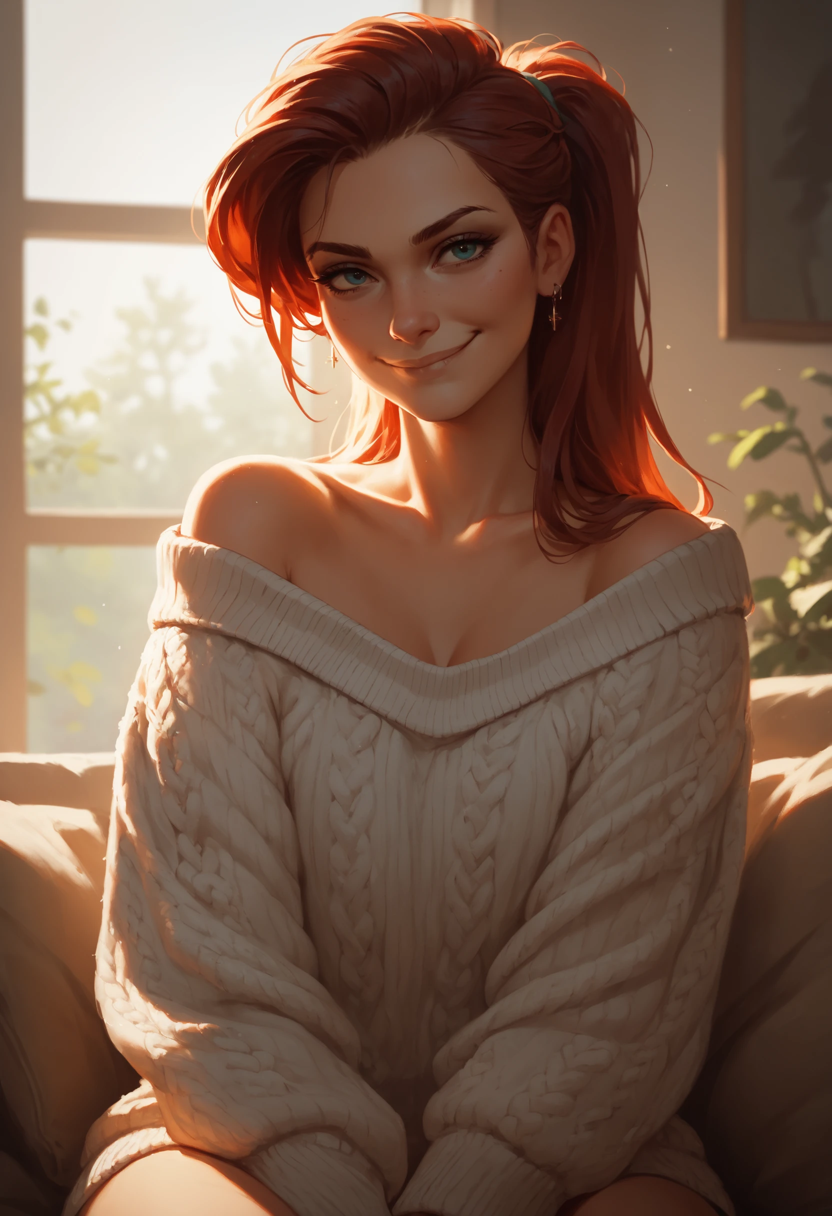 score_9, score_8_up, score_7_up, edgy caucasian pinterest woman, 20 years old, wearing an oversized sweater, hiding her nudity, secretly pleasing, smirk, dimples, natural look, sunny, soft lighting, emotional