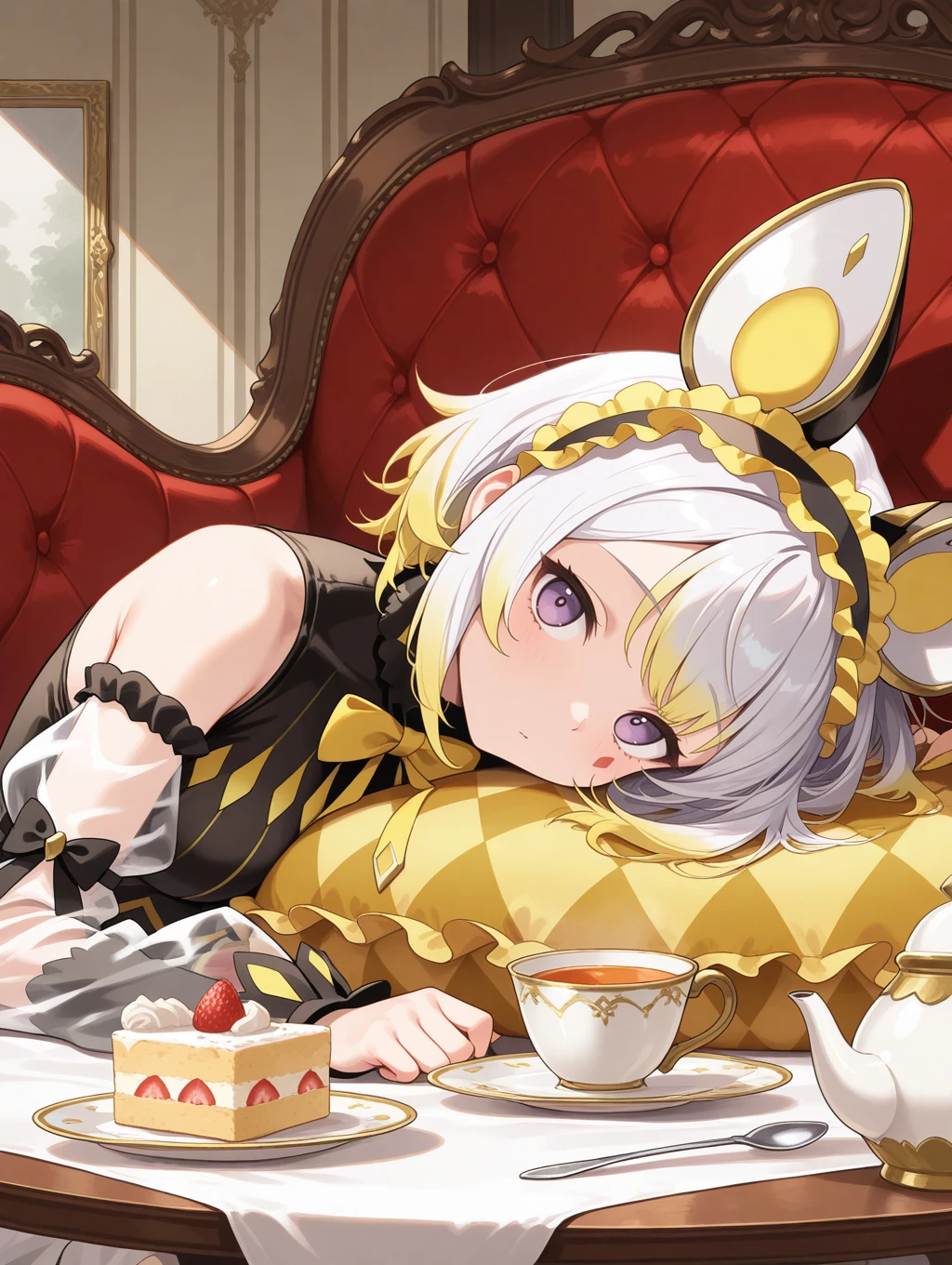malice pawn dormouse,1girl,teacup,solo,teapot,looking at viewer,food,frilled hairband,table,fake mouse ears,head tilt,see-through sleeves,head on table,tea party,black leotard,yellow argyle pillow,red argyle facial mark,yellow bow,sketch,
masterpiece,best quality,amazing quality,very aesthetic,absurdres,newest,<lora:MALICE Pawn Dormouse illuXL v1:0.72>,
