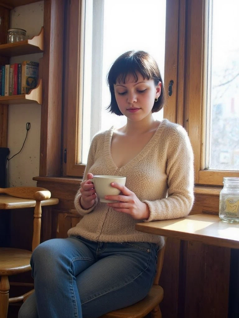 A young woman sits in a cozy, old-fashioned café, dressed in casual attire—a snug sweater paired with jeans. She holds a steaming cup of coffee with both hands, her serene expression illuminated by sunlight streaming through large, vintage windows. The café exudes warmth and rustic charm, featuring wooden furniture, antique decorations, and shelves lined with books and glass jars. The atmosphere feels tranquil and timeless, with soft, golden lighting that enhances the intimate and inviting character of the setting