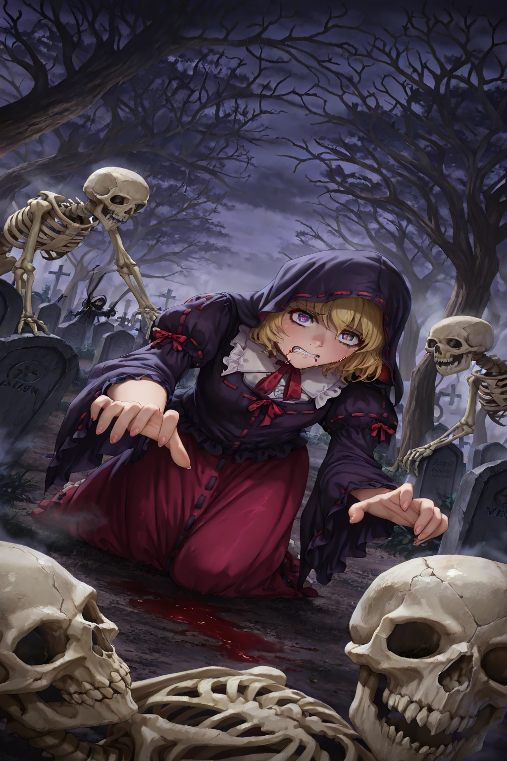 (Masterpiece, best quality:1.4), insaneres, top quality, 8k resolution, tal1sman, fantasy, dutch angle, skeleton, skull, graveyard, reaper, dark, (dark theme:1.2), ominous, foreboding, atmosphere, ambient, fog, death, melancholy, (shiny), reaching towards viewer, grimace, blood, volumetric lighting, (extremely detailed back:1.1), BREAK, amazing quality,very aesthetic,high resolution,ultra-detailed,absurdres,newest,scenery,depth of field,masterpiece