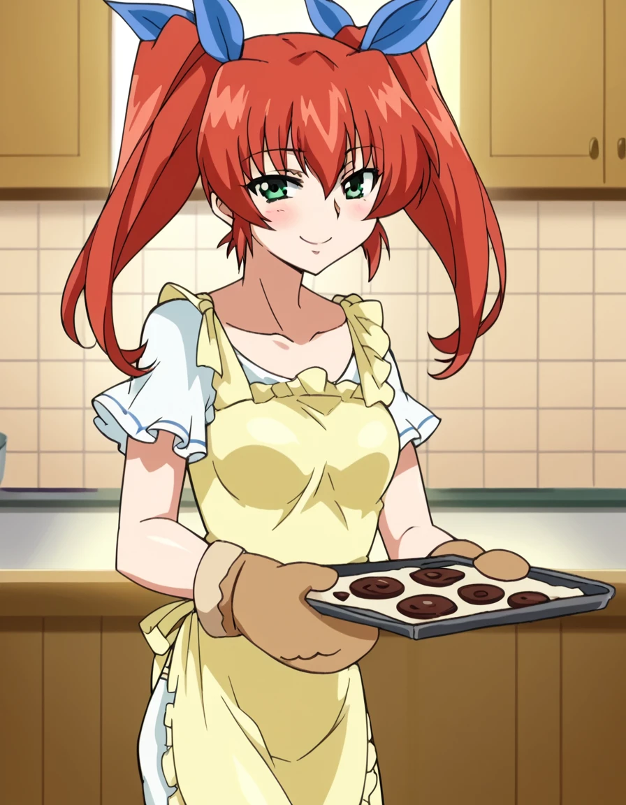 score_9, score_8_up, score_7_up, source_anime, <lora:takane-hiiragi-ova-ponyxl-lora-nochekaiser:1>, takane hiiragi, small breasts, mature female, green eyes, red hair, twintails, two side up, hair ribbon, blue ribbon, anime screencap, <lora:baking-cookies-ponyxl-lora-nochekaiser:1>, baking cookies, looking at viewer, blush, smile, gloves, holding, frills, food, indoors, apron, chocolate, cookie, oven mitts,, , cowboy shot, solo