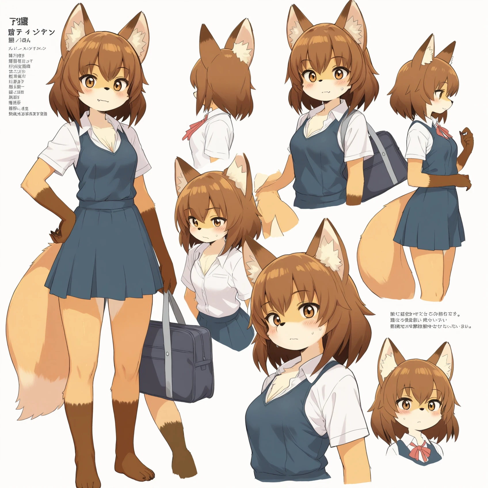 character profile, white background, full body,
tfg, 1girl, animal ears, solo, tail, furry, furry female, brown hair, fang, brown eyes, cleavage, blush, animal nose, brown fur, fox ears, fox tail, animal ear fluff, small breasts, short hair, fox girl, body fur, bangs, two-tone fur, school uniform, closed mouth,
looking at viewer, (deformed:0.6), (flat color:0.6), holding school bag, cowboy shot,
masterpiece, intricate details, 4k, best quality, newest, absurdres, highres, <lora:TsundereFox_il_v1:1>