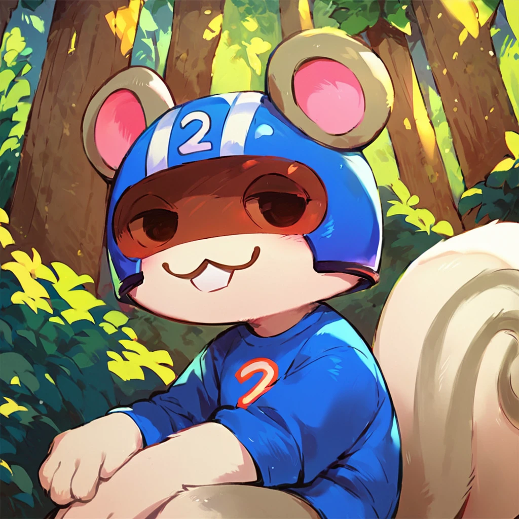 score_9, score_8_up, score_7_up, score_6_up, agent s \(animal crossing\), solo, forest, 1girl, furry squirrel, looking at viewer, outside, upper body, blue shirt, helmet, smile, squirrel tail, 2 shirt, cowboy shot, best quality, masterpiece, sitting, hd