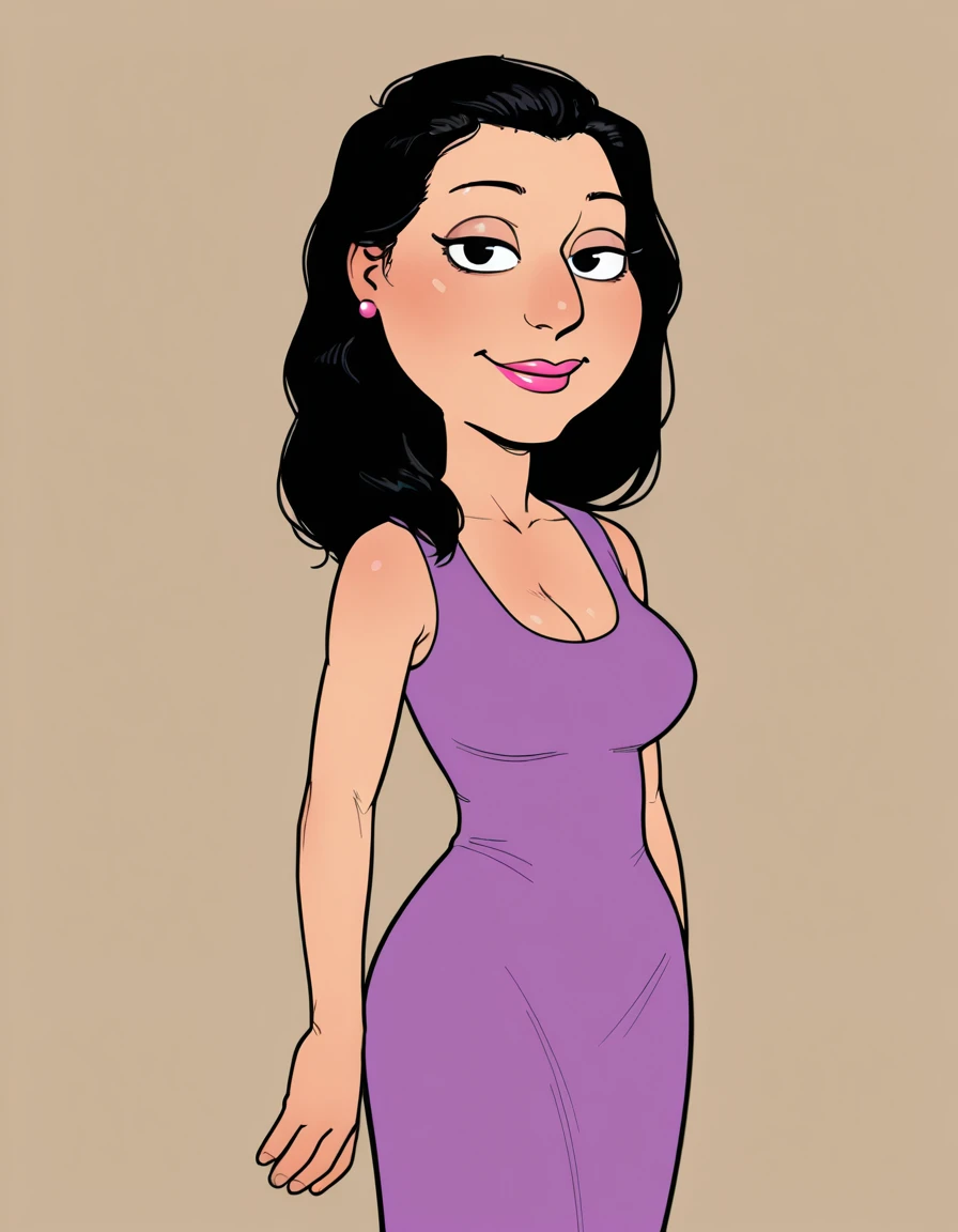 <lora:BonnieFGIllustrious1.0JLFO:0.8> bonnie, 1girl, long hair, black hair, solo, purple dress, earrings, lipstick, breasts, cleavage, black eyes, looking at viewer,  simple background, smile, incase,