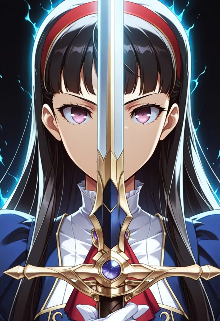 score_9,score_8_up,score_7_up,source_anime,5_figner,2d_animation,game cg,BREKE,1girl,solo
p4amagi, Amagi Yukiko, long hair, black hair, bangs,
ascot,brooch,white gloves,juliet sleeves,frills,jewelry,long sleeves,
armor,sword,armored blue dress,houlder pad,
swordup, looking at viewer, close-up, holding sword,serious,
black background,holy,aura,
masterpiece,best qualit,ultra-detailed,illustration,an extremely delicate and beautiful,beautiful detailed eyes,unity 8k wallpaper,high resolution,anime CG,official_art,Erotic_style,