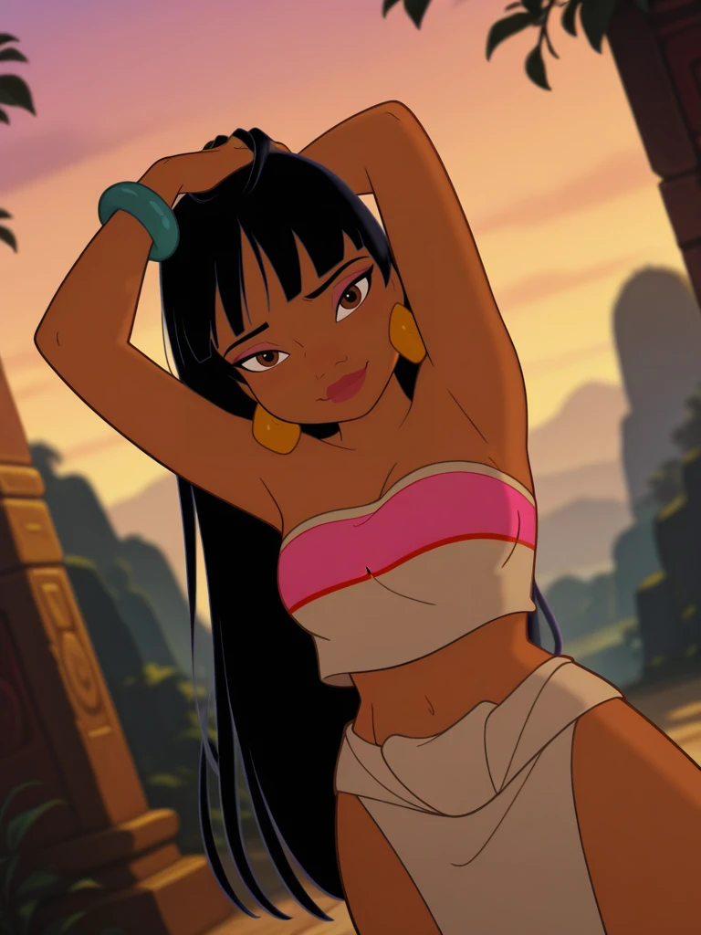 (official style:1.1), flat color, blurry background
1girl, medium breasts, (ChelXL:1.1), long hair, black hair, bangs, brown eyes, dark skin, makeup, earrings, tube top, strapless, midriff, bracelet, loincloth, pelvic curtain,
light smile, dutch angle, naughty pose, looking at viewer, vegetation, palace behind, sky, daylight, portrait, dynamic pose, cowboy shot, arms up, one hand on hair, head tilt, 
<lora:Chel-ILV1:1>