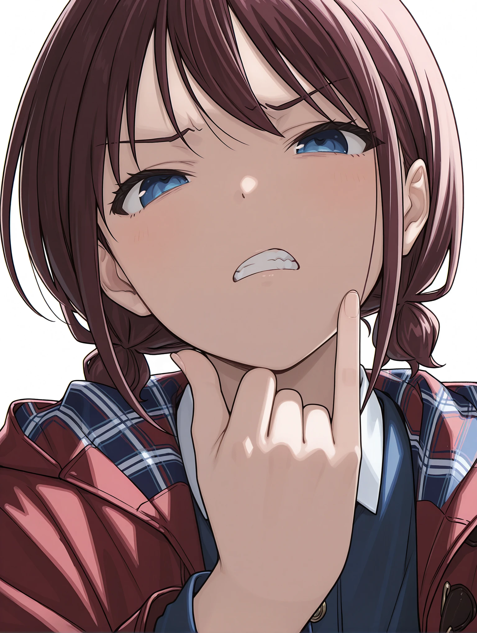 masterpiece,best quality,newest,1girl,solo,
<lora:NINA_ISERI_ilxl_v1:1>,nina_iseri,
<lora:Fixhands_anime_bdsqlsz_V1:1>,white_background,
looking_at_viewer,
simple_background,plaid,long sleeves,red coat,
upper_body,looking at viewer,pinky out,clenched_teeth,disdain,furrowed_brow,