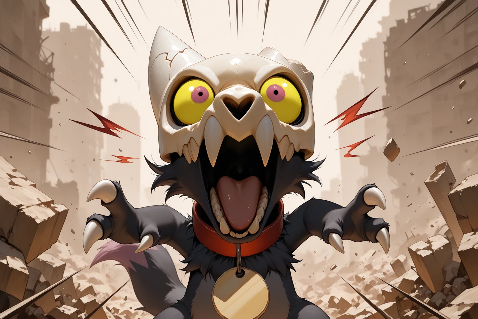 masterpiece, good quality, best quality, very awa, very as2, absurdres, highres , realistic
<lora:King ClawthorneilluLoRA:1>kngclw, skull helmet, teeth, pokemon (creature), colored sclera, red collar with circle pet tag, claws, tail, angry, screaming, open mouth, (sound wave, motion lines, speed lines, debris, descruction), ruins, city, (emphasis lines, sound effects), broken horn, pov