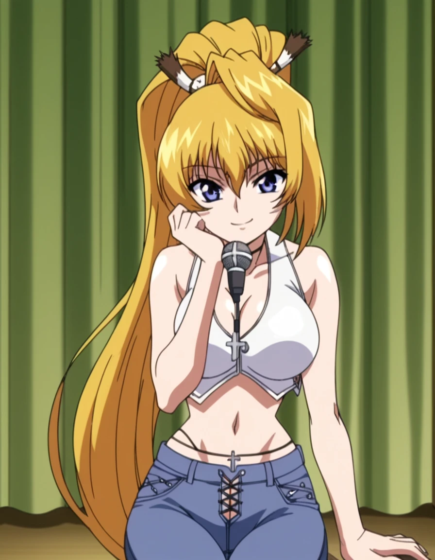 score_9, score_8_up, score_7_up, source_anime, <lora:serori-hiiragi-ova-ponyxl-lora-nochekaiser:1>, serori hiiragi, long hair,blue eyes, blonde hair, large breasts, very long hair, ponytail, hair intakes, anime screencap, navel, cleavage, midriff, pants, cross, denim, jeans, crop top, bare shoulders,, stage, curtains, spotlight, audience, microphone, smile, head rest, smile,, looking at viewer, solo,, cowboy shot, solo