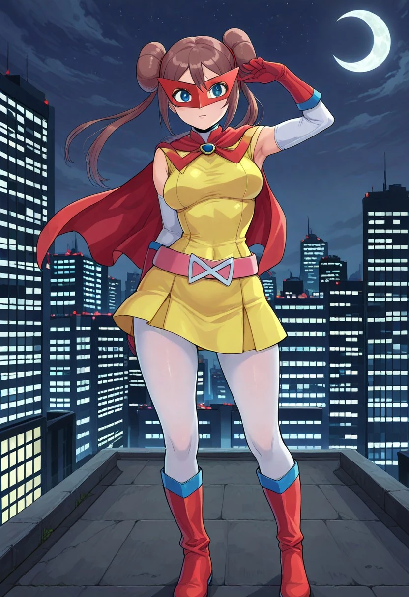 [hinosaki], leveen, masterpiece, best quality, amazing quality, 1girl, solo, standing, on top of a skyscraper, night, moonlight, crescent_moon, rosagirl, brown_hair, blue_eyes, double_bun, twintails, superhero, yellow_dress, white_sleeves, red_cape, domino_mask, red_mask, red_gloves, belt, white_pantyhose, red_footwear, knee_boots