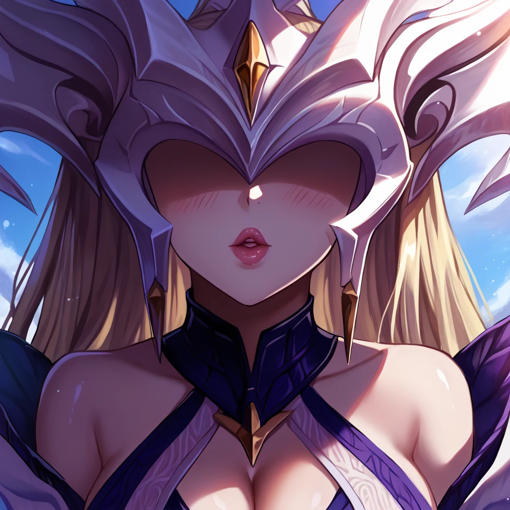 score_9, score_8_up, score_7_up,score_6_up,uncensored,detailed eyes,perfect eyes,extremely detailed CG,extremely detailed face,detailed Lora,best quality,source_anime,anime,perfect face, beautiful eyes,beautiful face, detailed eyes ,masterpiece,high resolution, distinct image BREAK <lora:Lissandra:1>Coven_Lissandra, 1girl, breasts, long hair, dress, solo, cleavage, large breasts, bare shoulders, blonde hair, detached sleeves, covered navel, covered eyes, white dress <lora:incoming-kiss-ponyxl-lora-nochekaiser:1> pov, imkiss, incoming kiss, blush, pursed lips, squinting eyes, close, close-up, glossy lips