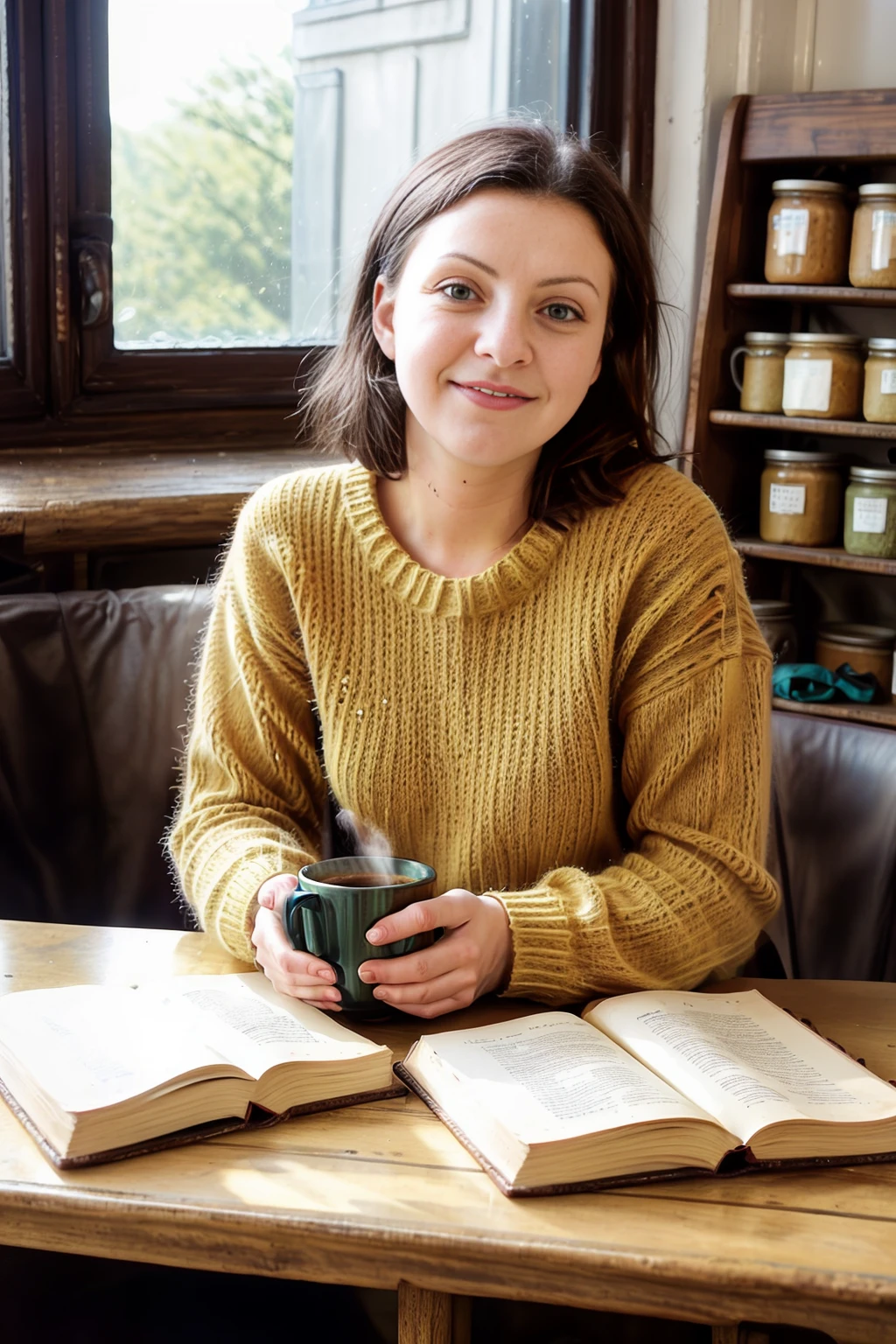 <lora:TinaTomaSD:1>, A Young woman in a cozy vintage café, wearing a sweater and having a steaming cup of coffee. Sunlight streams through large windows, illuminating her serene expression. Rustic furniture, antique decor, shelves with books and jars, soft golden lighting, tranquil atmosphere. RAW photo, soft lighting, 8K UHD, DSLR, film grain, Nikon D850.