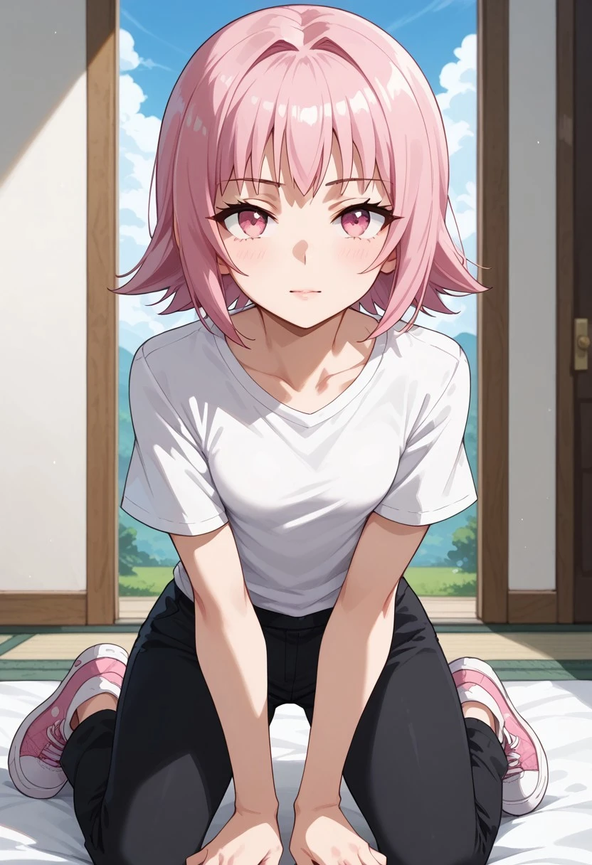 ,score_9, score_8_up, score_7_up, score_6_up, score_5_up,(solo:1.9),1girl,
BREAK
Tamao Tamamura , pink hair, pink eyes, short hair, (small breasts),white shirt,short sleeves,black pants, pink sneakers,on knees,
BREAK
Prades blue sky