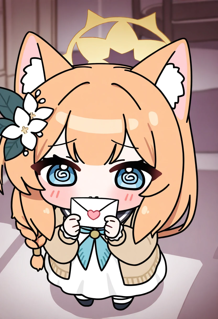 chibi,1girl,mari \(blue archive\),animal ears,orange hair,yellow halo,halo,long hair,solo,flower,blush,blue eyes,animal ear fluff,hair ornament,hair flower,holding,white dress,sailor collar,envelope,long sleeves,braid,holding envelope,letter,cardigan,looking at viewer,white flower,heart,dress,fox ears,blue neckerchief,@_@,open clothes,blurry,love letter,bow,white socks,from above,indoors,single braid,neckerchief,black sailor collar,open cardigan,
