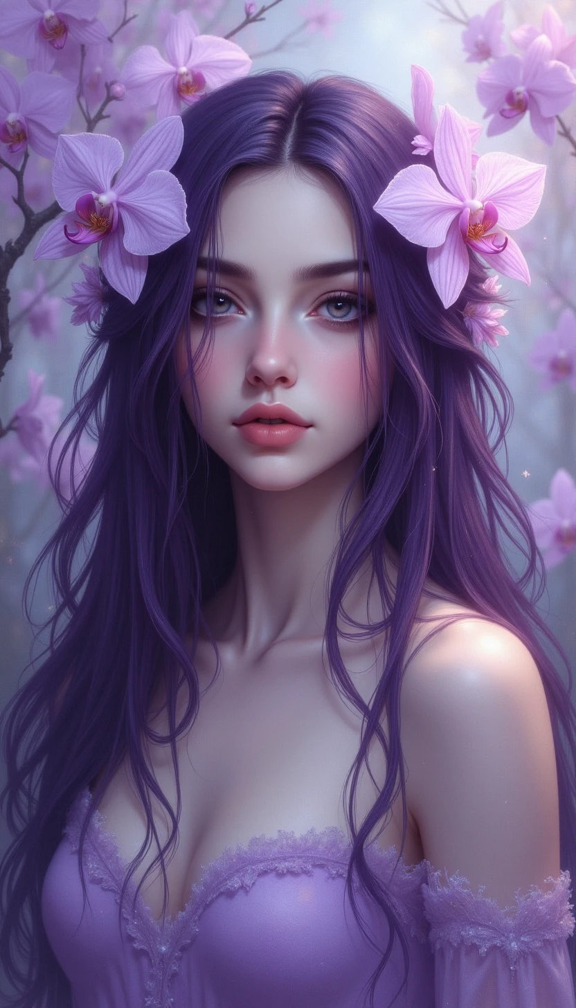 A high-quality digital artwork in the style of pinkdarkcanvas,
A serene woman with luminous alabaster skin and piercing amethyst eyes. Her hair is an intricate cascade of deep violet and soft lilac, accented by delicate white orchids. She wears a sheer lavender gown that shimmers faintly. The background reveals a misty orchid grove, bathed in the gentle glow of twilight.