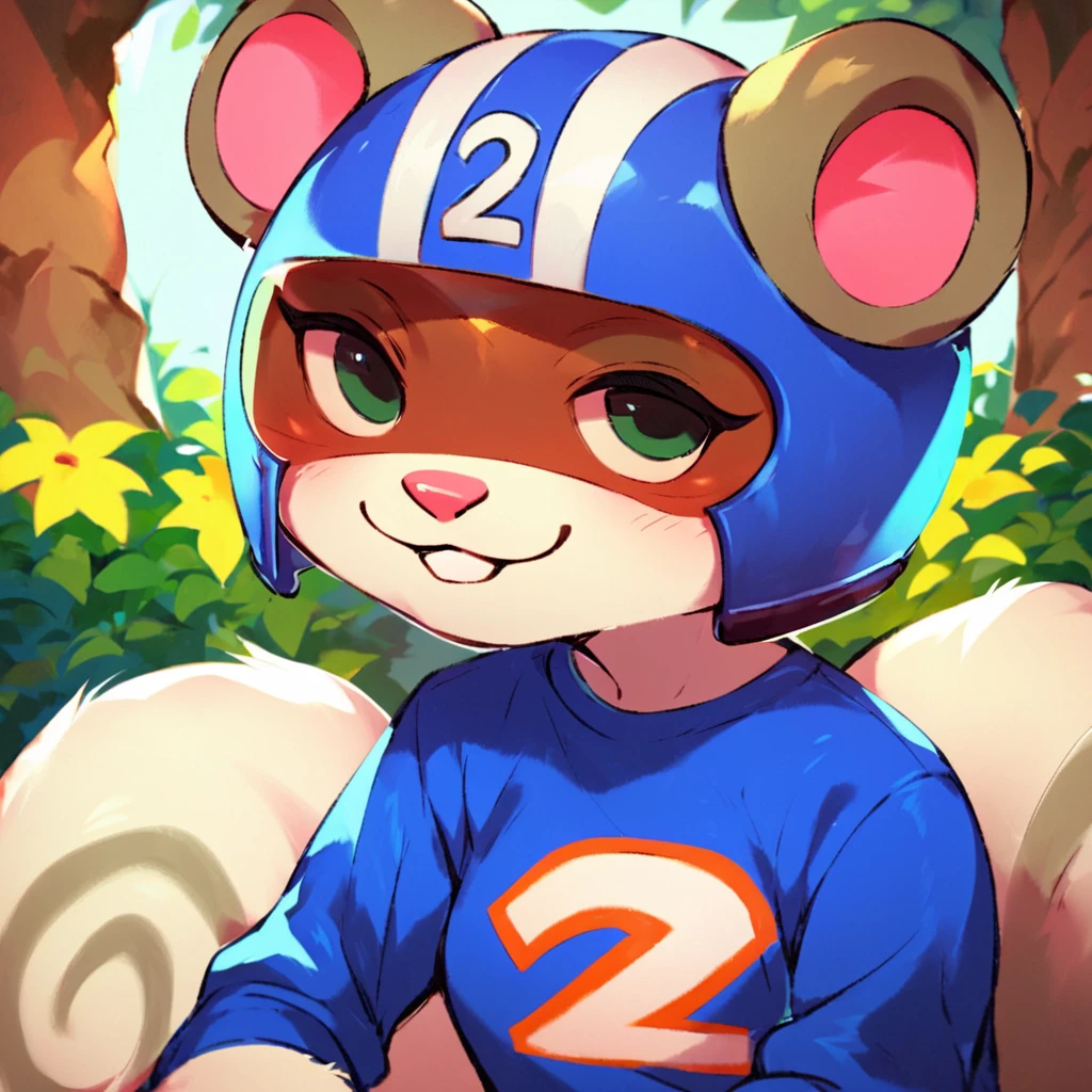 score_9, score_8_up, score_7_up, score_6_up, agent s \(animal crossing\), solo, female, 1girl, furry squirrel, looking at viewer, outside, upper body, blue shirt, helmet, smile, squirrel tail, 2 shirt, cowboy shot, best quality, masterpiece, sitting, hd