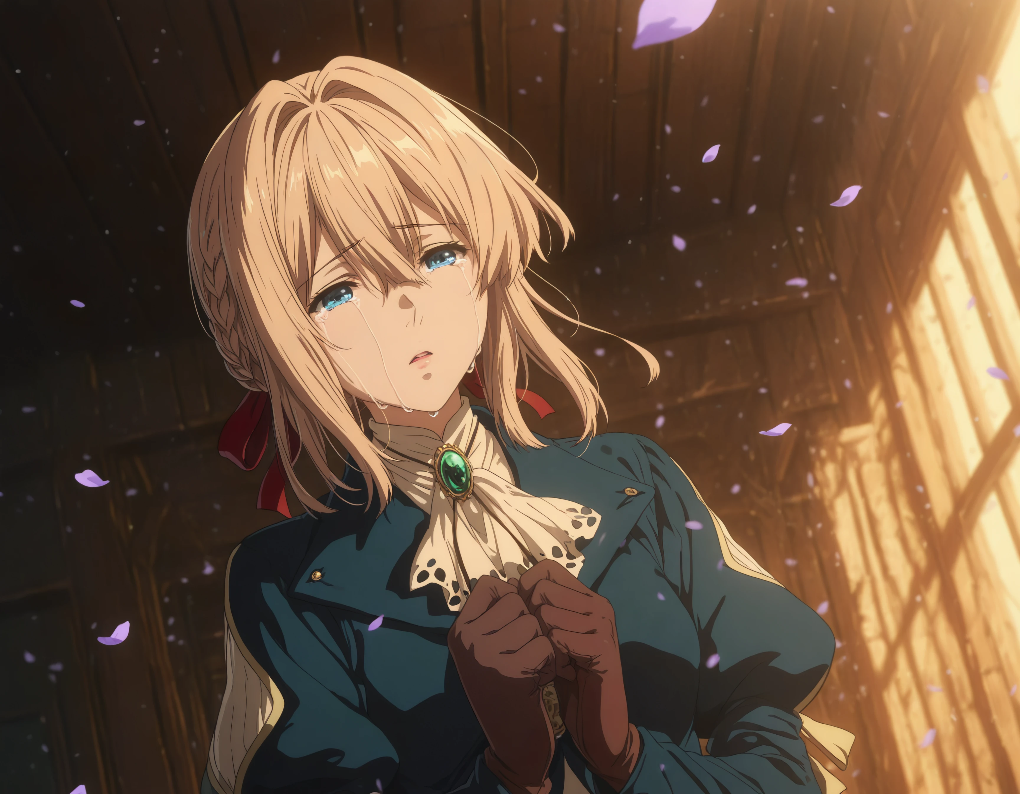 blonde hair, voilett, big blue eyes, silver prosthetic arms, blue eyes, 1girl, solo, open_mouth, short_hair, blue_eyes, blonde_hair, long_sleeves, gloves, ribbon, hair_between_eyes, jewelry, jacket, upper_body, braid, hair_ribbon, parted_lips, indoors, puffy_sleeves, tears, blurry, red_ribbon, hands_up, lips, ascot, petals, dutch_angle, blurry_background, hair_intakes, looking_down, blue_jacket, own_hands_together, crying, juliet_sleeves, french_braid, brown_gloves, clenched_hands, crying_with_eyes_open, purple_flower, falling_petals, sad, white_ascot, streaming_tears,
hdr, low contrast, masterpiece, best quality, absurdres, highres, perfect anatomy, anime style, anime screenshot, 8k wallpaper, ultra high quality, extremely detailed cg, perfect lighting, (sharp image)